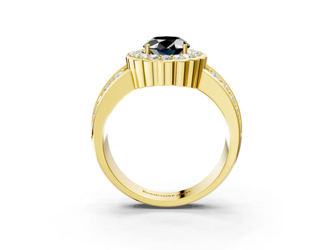 Yellow gold Fancy Black Oval Cut Halo Diamond Split Shank Ring with Scalloped Prong Setting_3