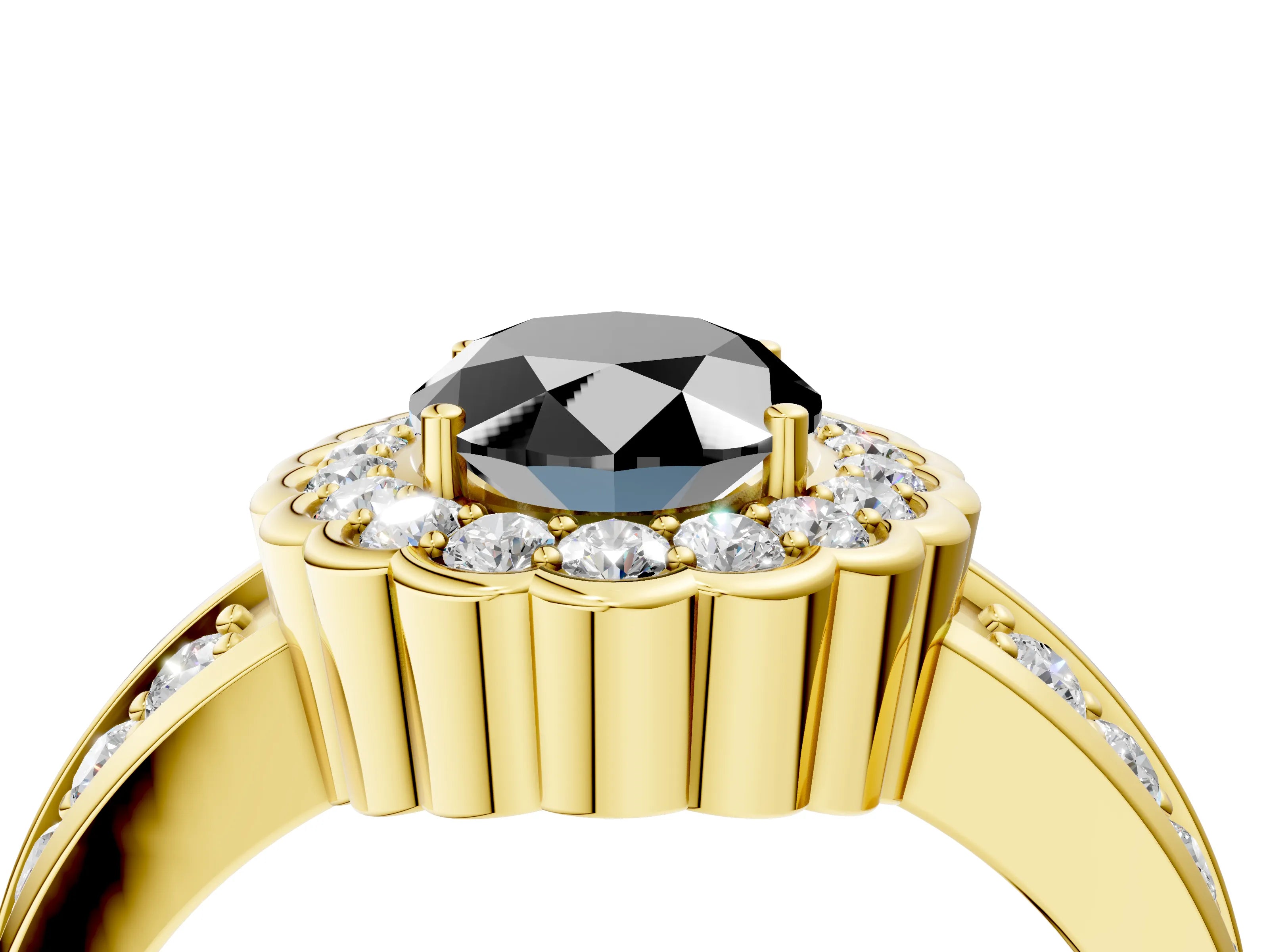 Yellow gold Fancy Black Oval Cut Halo Diamond Split Shank Ring with Scalloped Prong Setting_4