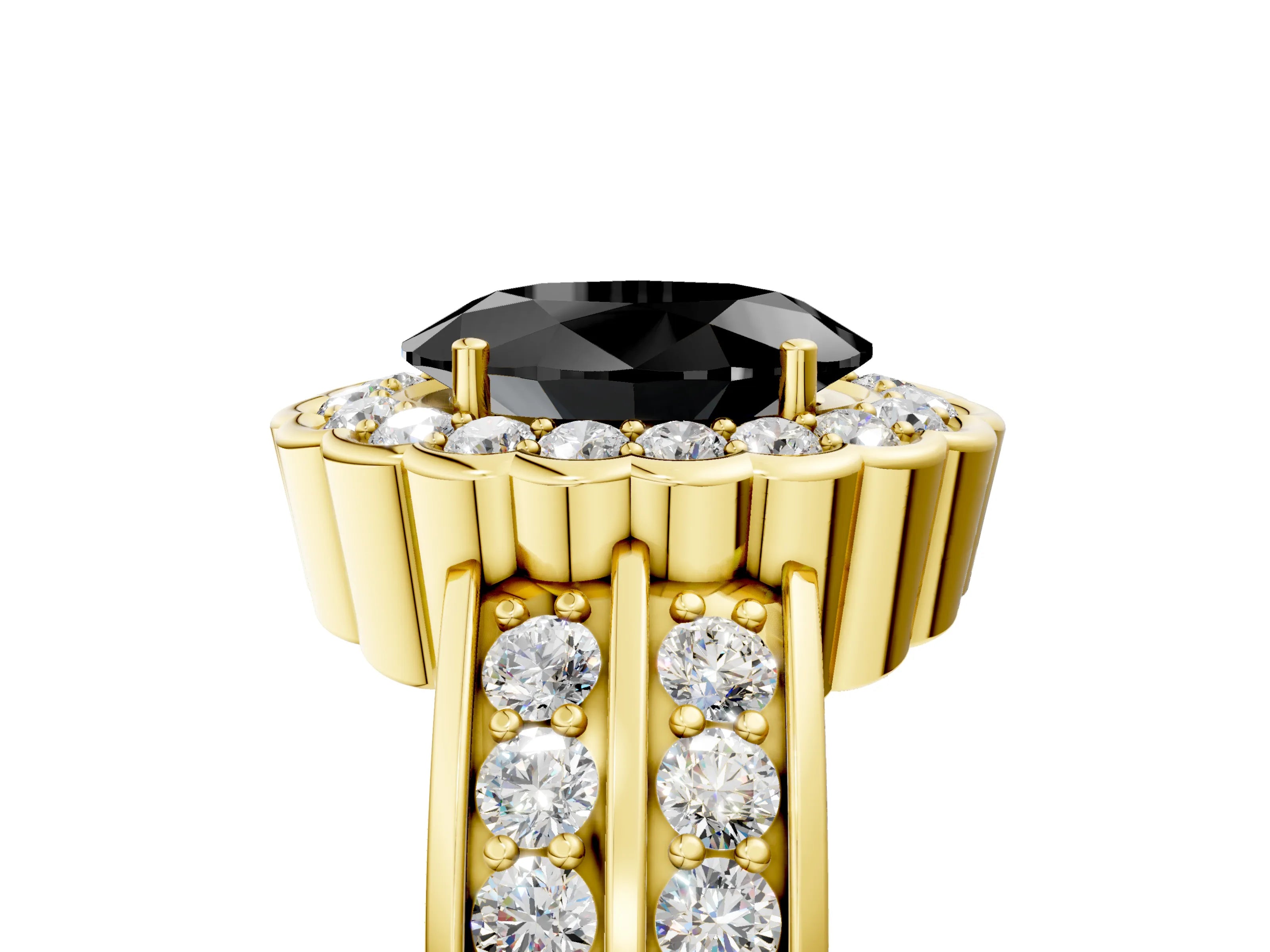 Yellow gold Fancy Black Oval Cut Halo Diamond Split Shank Ring with Scalloped Prong Setting_5