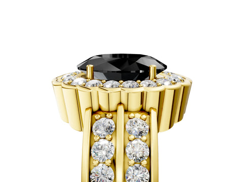 Yellow gold Fancy Black Oval Cut Halo Diamond Split Shank Ring with Scalloped Prong Setting_5