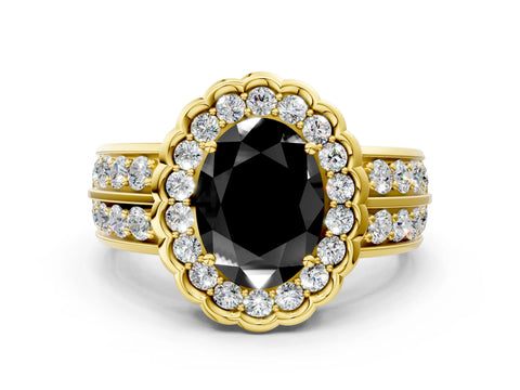Yellow gold Fancy Black Oval Cut Halo Diamond Split Shank Ring with Scalloped Prong Setting