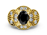 Yellow gold Fancy Black Oval Cut Halo Milgrain Diamond Engagement Ring with Leaf Band and Four-Prong Setting