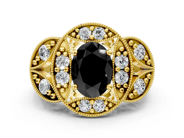 Yellow gold Fancy Black Oval Cut Halo Milgrain Diamond Engagement Ring with Leaf Band and Four-Prong Setting