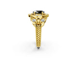Yellow gold Fancy Black Oval Cut Halo Milgrain Diamond Engagement Ring with Leaf Band and Four-Prong Setting_2