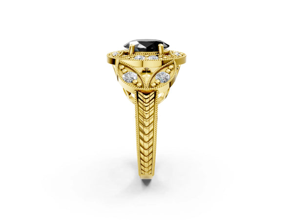 Yellow gold Fancy Black Oval Cut Halo Milgrain Diamond Engagement Ring with Leaf Band and Four-Prong Setting