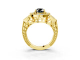 Yellow gold Fancy Black Oval Cut Halo Milgrain Diamond Engagement Ring with Leaf Band and Four-Prong Setting_3