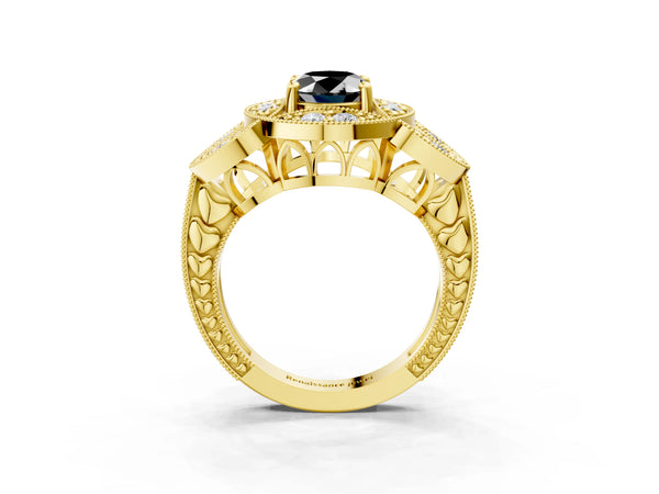 Yellow gold Fancy Black Oval Cut Halo Milgrain Diamond Engagement Ring with Leaf Band and Four-Prong Setting