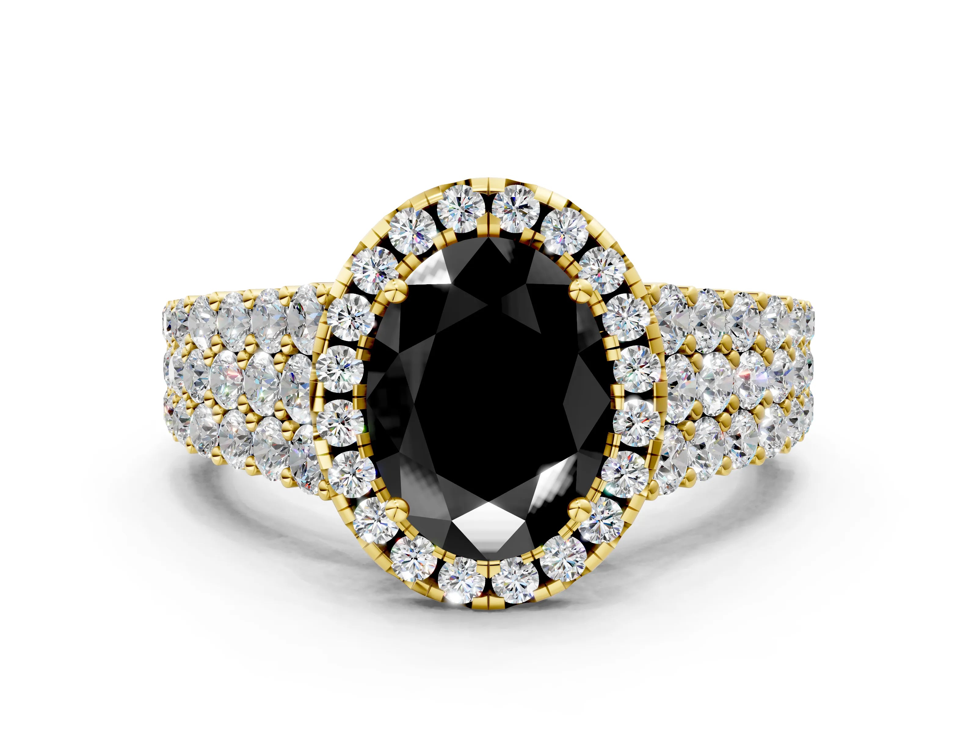 Yellow gold Fancy Black Oval Cut Halo Pavé Diamond Engagement Ring with Split Shank and Four-Prong Setting_3