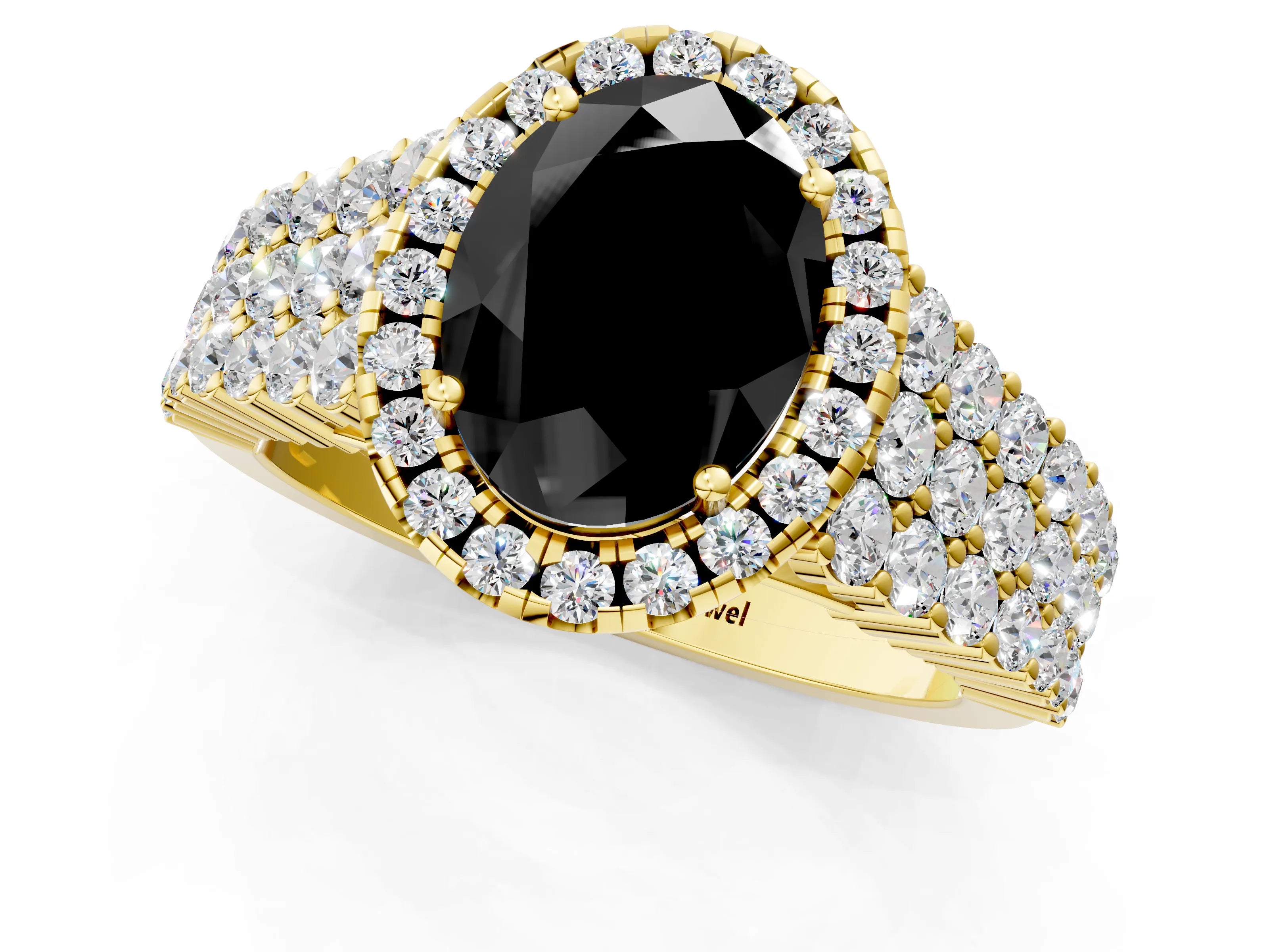 Yellow gold Fancy Black Oval Cut Halo Pavé Diamond Engagement Ring with Split Shank and Four-Prong Setting_4