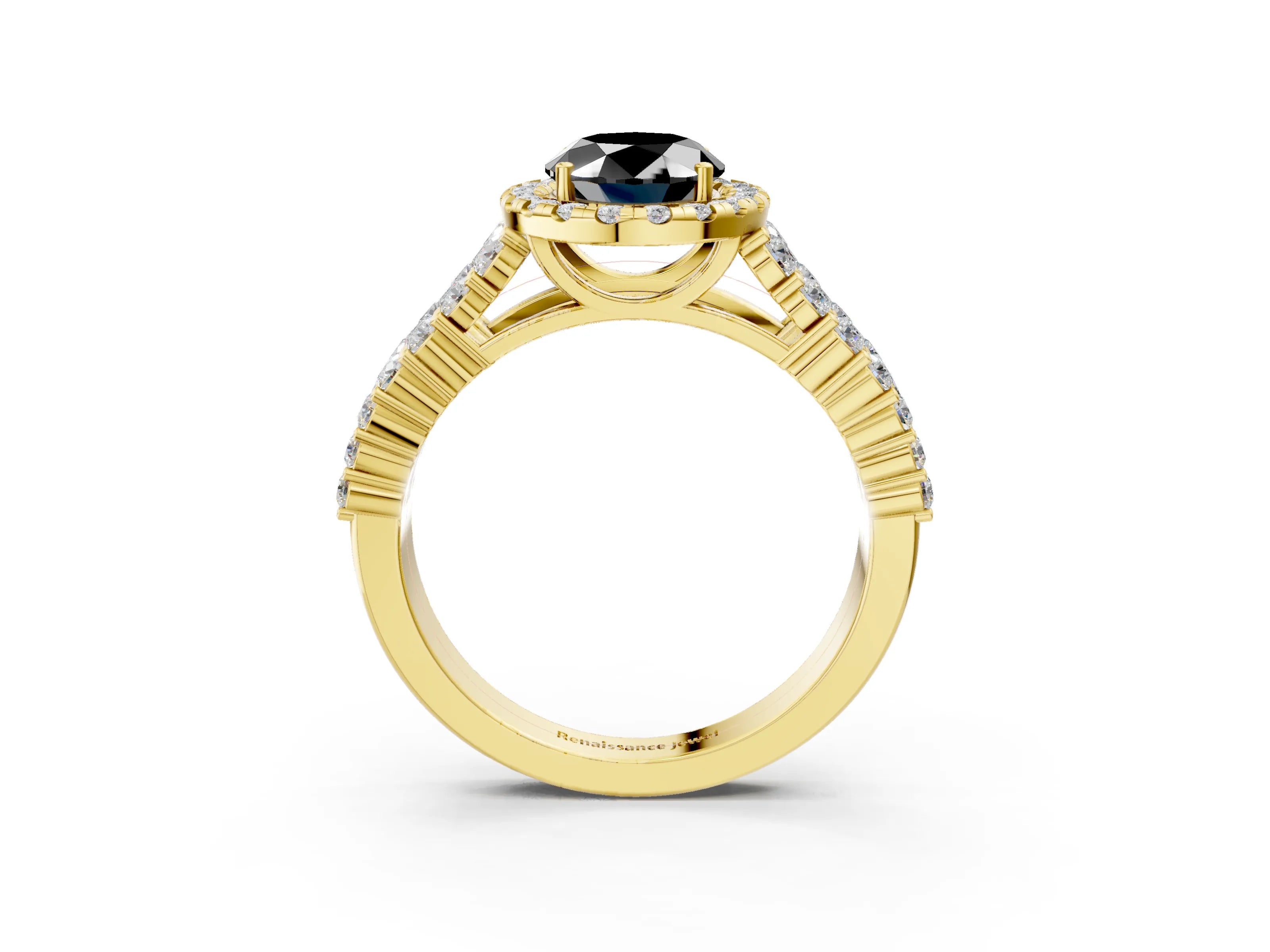 Yellow gold Fancy Black Oval Cut Halo Pavé Diamond Engagement Ring with Split Shank and Four-Prong Setting_6