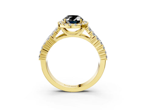 Yellow gold Fancy Black Oval Cut Halo Pavé Diamond Engagement Ring with Split Shank and Four-Prong Setting_6