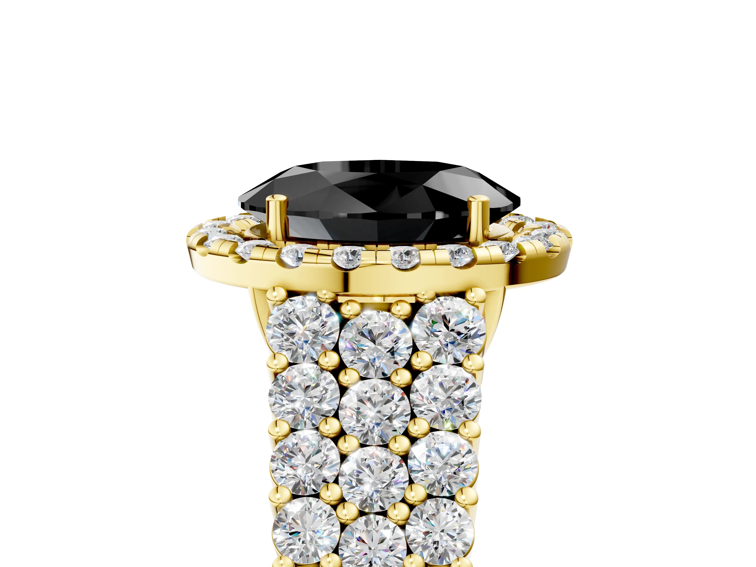 Yellow gold Fancy Black Oval Cut Halo Pavé Diamond Engagement Ring with Split Shank and Four-Prong Setting_8