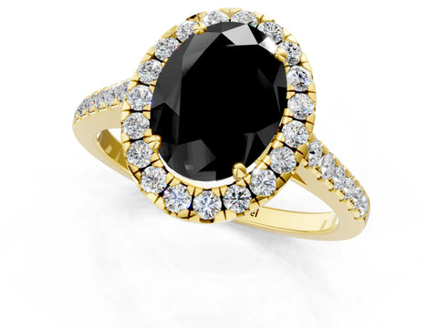 Yellow gold Fancy Black Oval Cut Halo Pave Diamond Engagement Ring with Four-Prong Setting_1