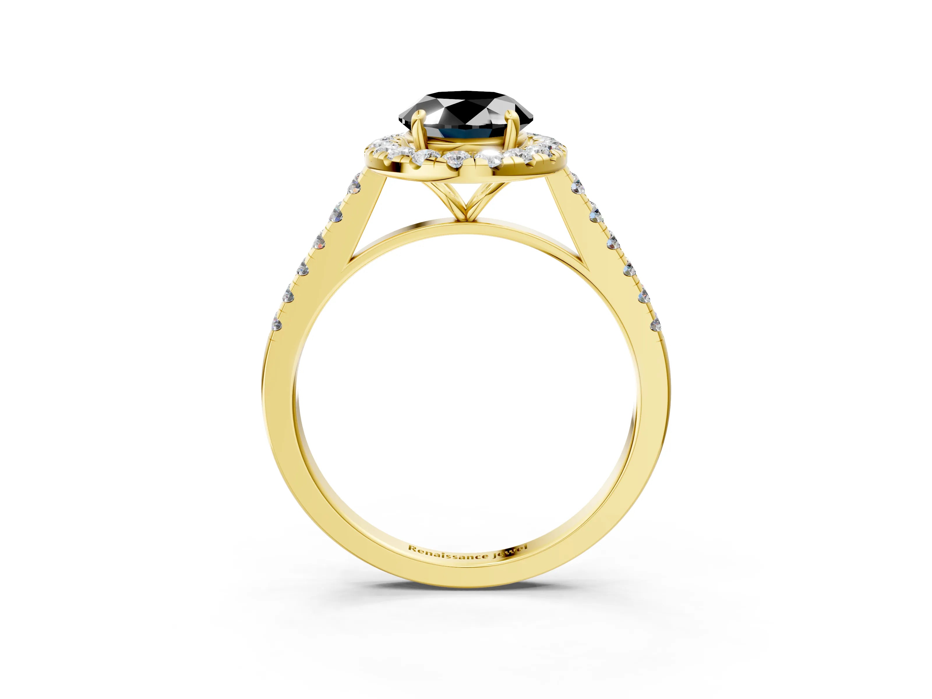 Yellow gold Fancy Black Oval Cut Halo Pave Diamond Engagement Ring with Four-Prong Setting_3