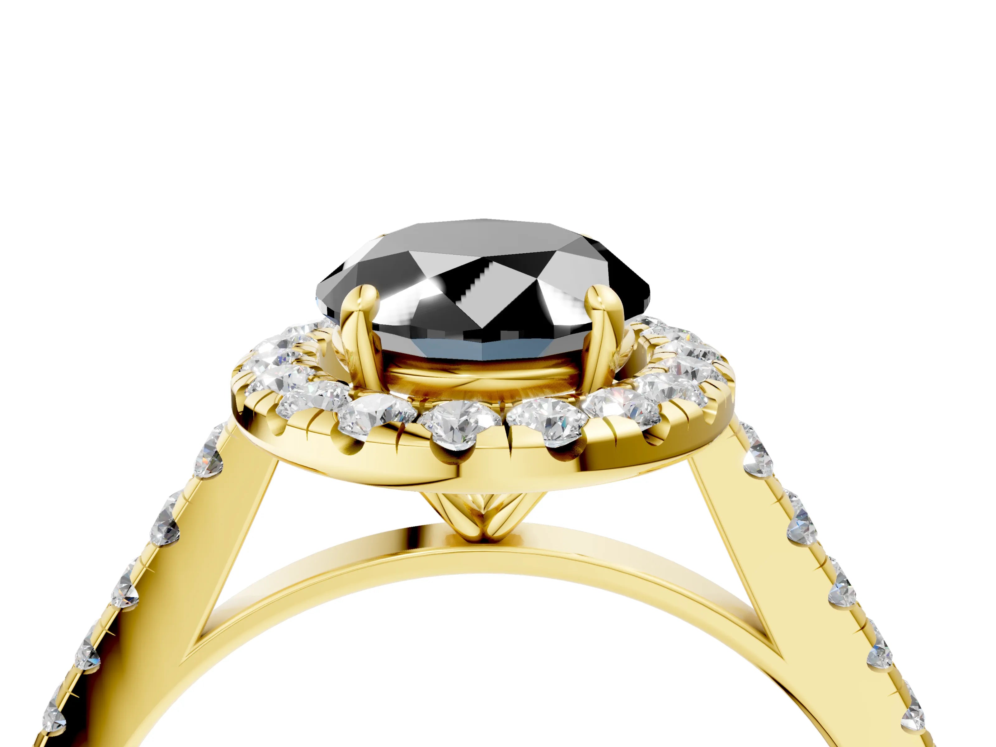 Yellow gold Fancy Black Oval Cut Halo Pave Diamond Engagement Ring with Four-Prong Setting_4