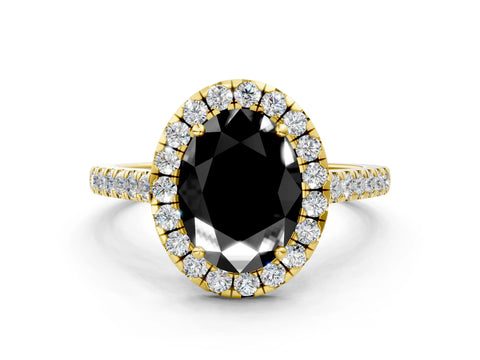 Yellow gold Fancy Black Oval Cut Halo Pave Diamond Engagement Ring with Four-Prong Setting