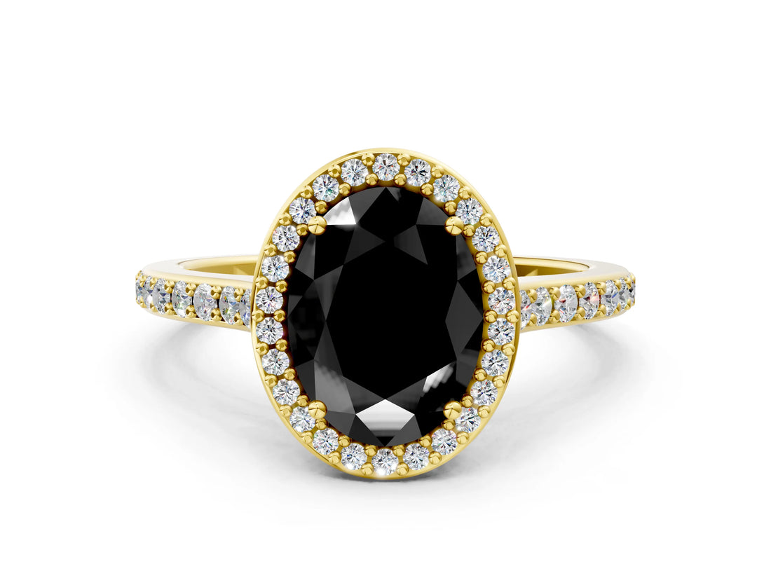 Yellow gold Fancy Black Oval Cut Halo Round Diamond Pavé Band with Four-Prong Setting_3