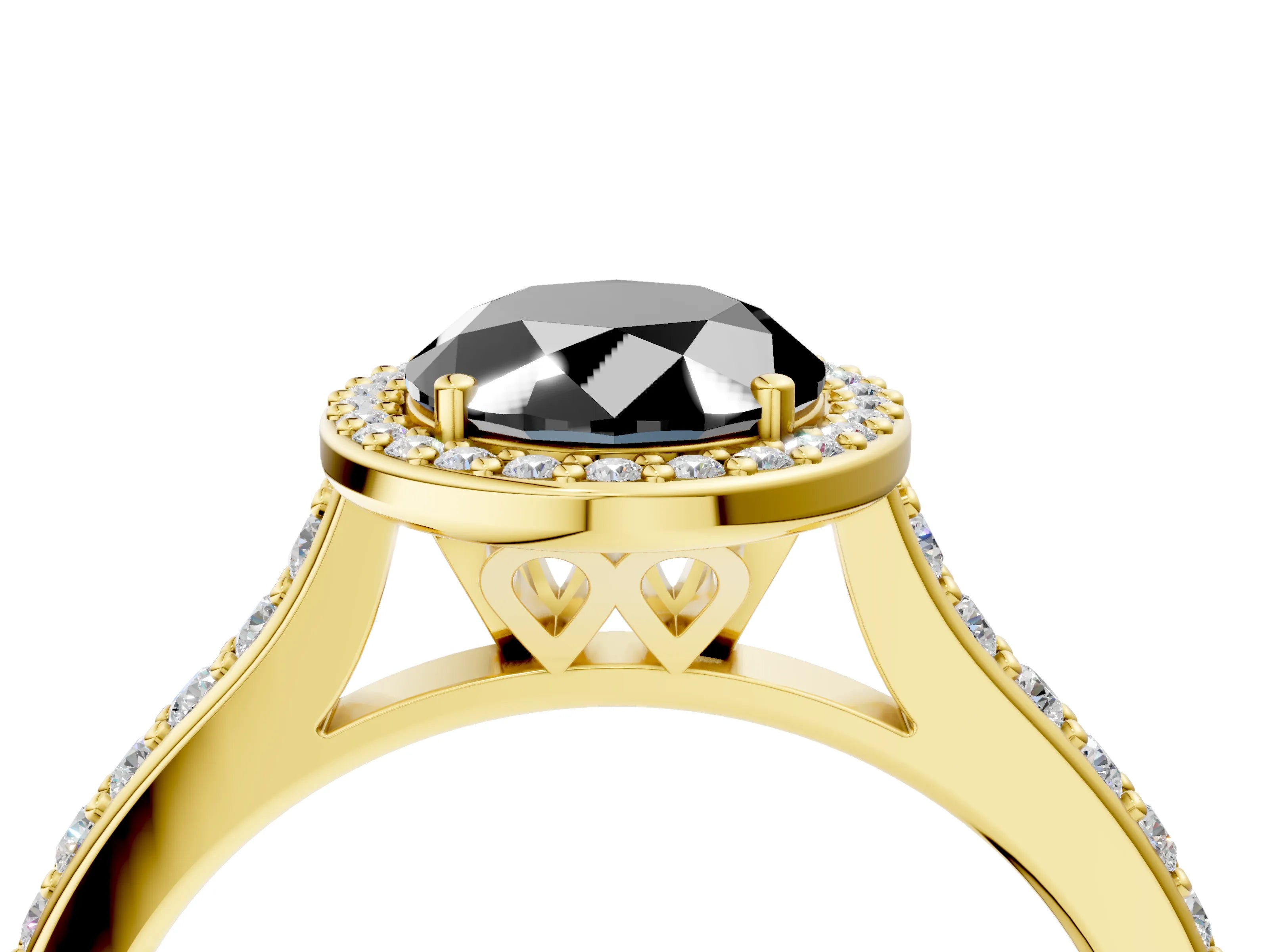 Yellow gold Fancy Black Oval Cut Halo Round Diamond Pavé Band with Four-Prong Setting_7