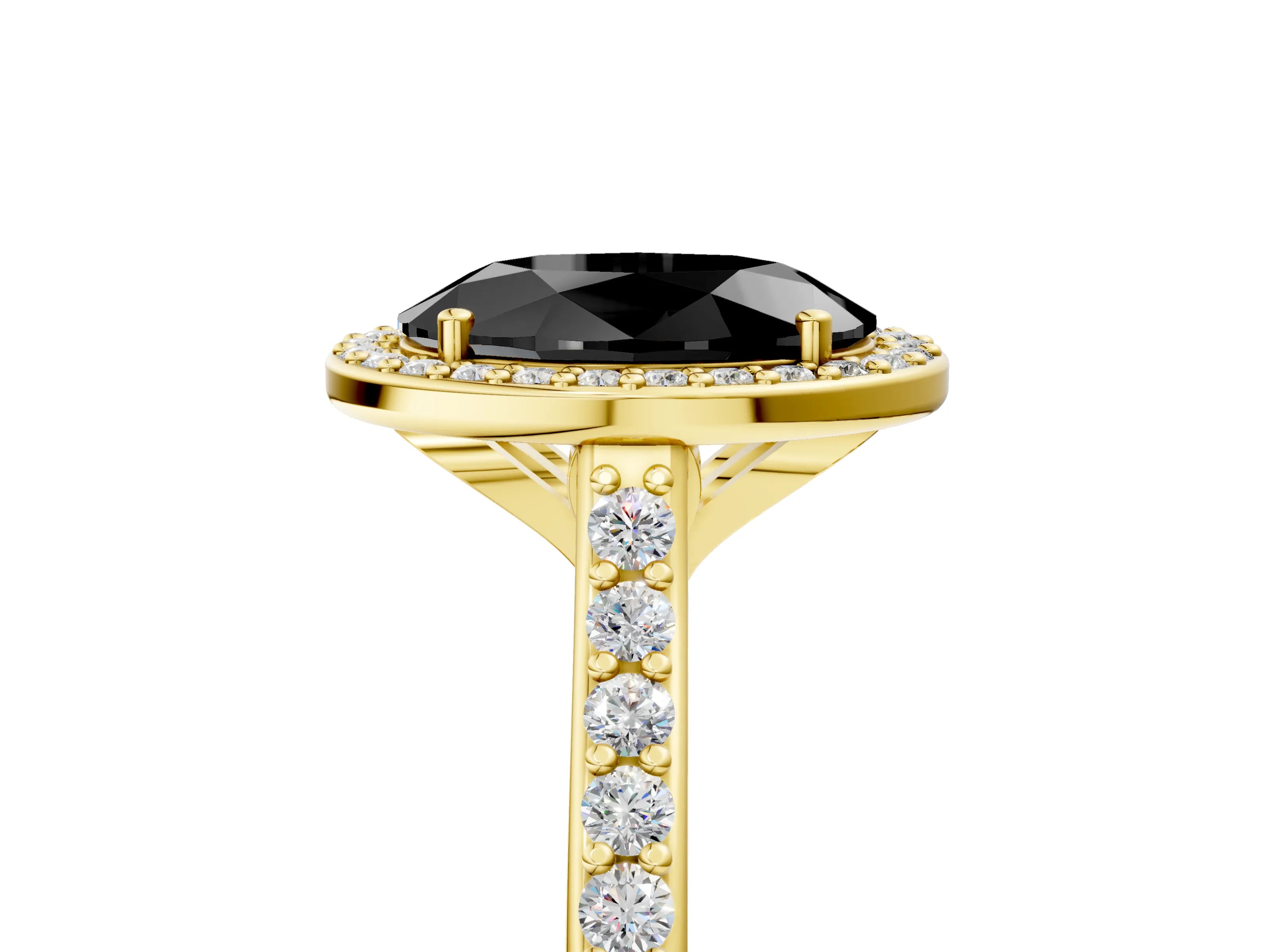Yellow gold Fancy Black Oval Cut Halo Round Diamond Pavé Band with Four-Prong Setting_8