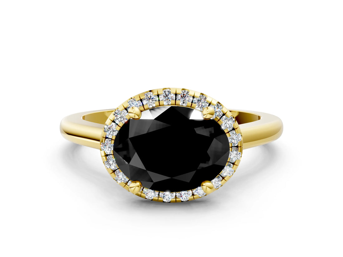 Yellow gold Fancy Black Oval Cut Halo Round Diamond Solitaire Engagement Ring with Pave Band and Four-Prong Setting_12