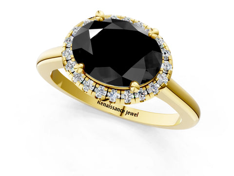 Yellow gold Fancy Black Oval Cut Halo Round Diamond Solitaire Engagement Ring with Pave Band and Four-Prong Setting_13