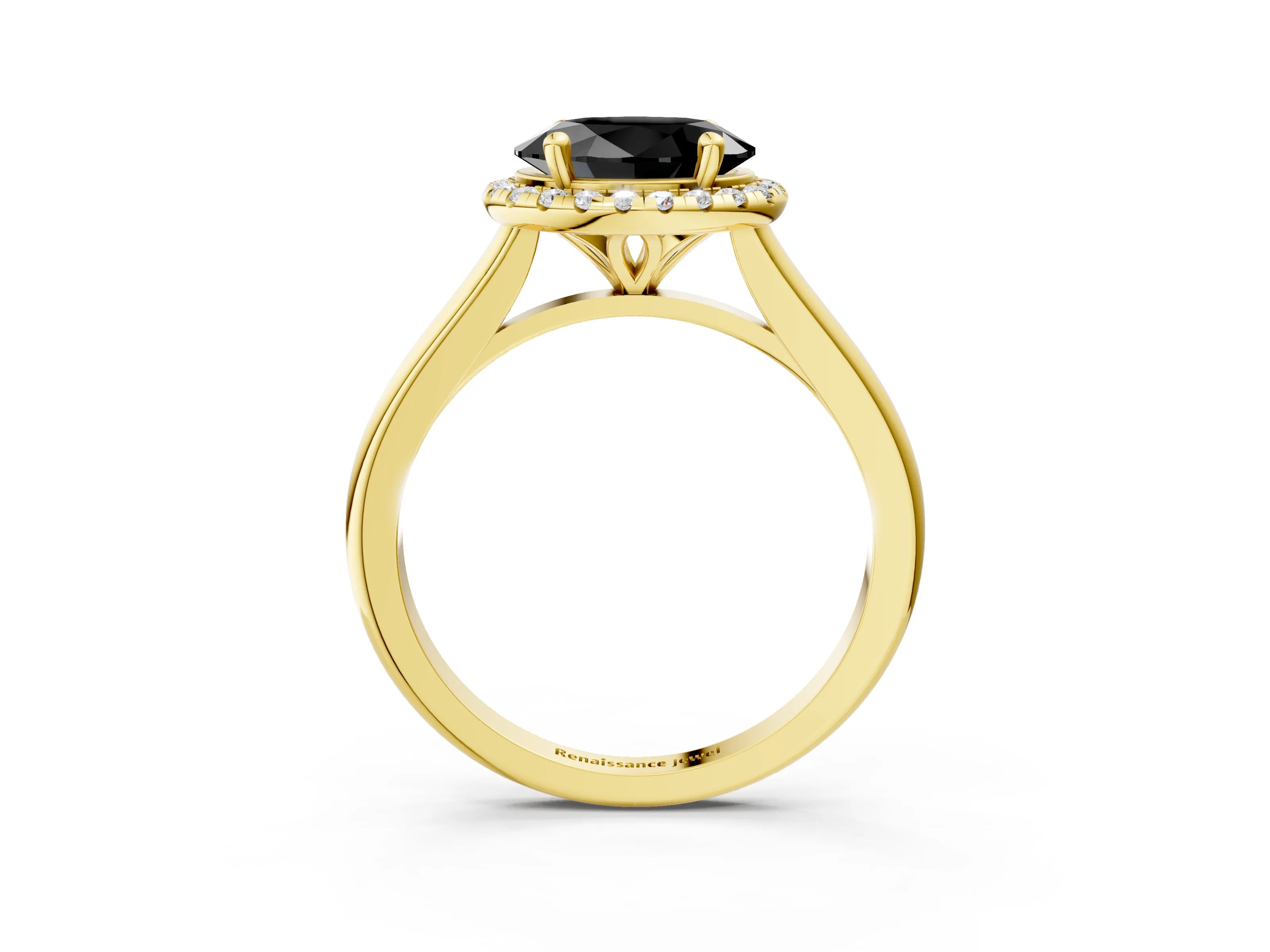 Yellow gold Fancy Black Oval Cut Halo Round Diamond Solitaire Engagement Ring with Pave Band and Four-Prong Setting_15