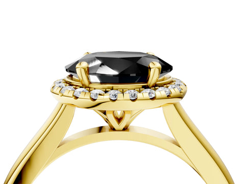 Yellow gold Fancy Black Oval Cut Halo Round Diamond Solitaire Engagement Ring with Pave Band and Four-Prong Setting_16