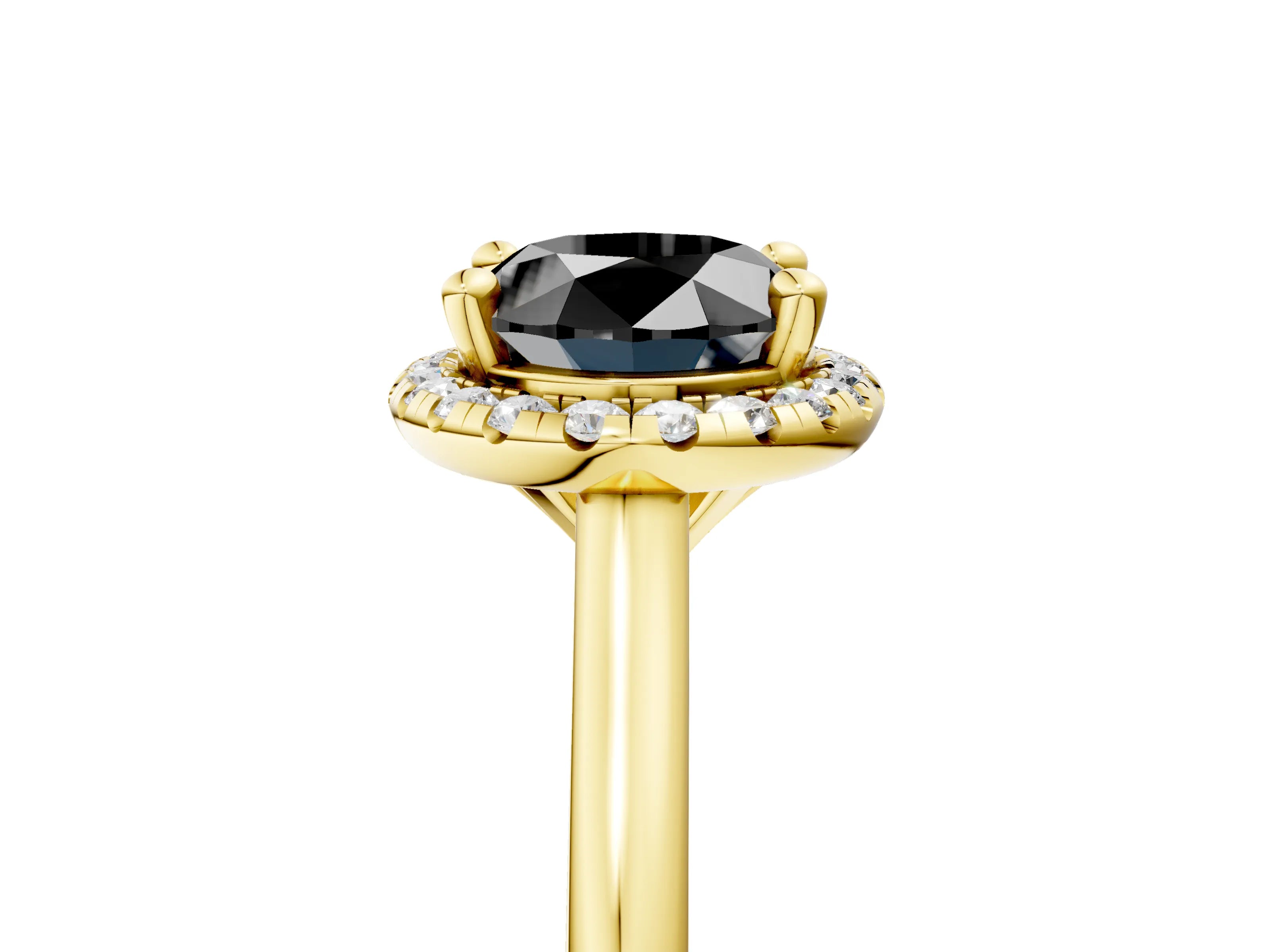 Yellow gold Fancy Black Oval Cut Halo Round Diamond Solitaire Engagement Ring with Pave Band and Four-Prong Setting_17