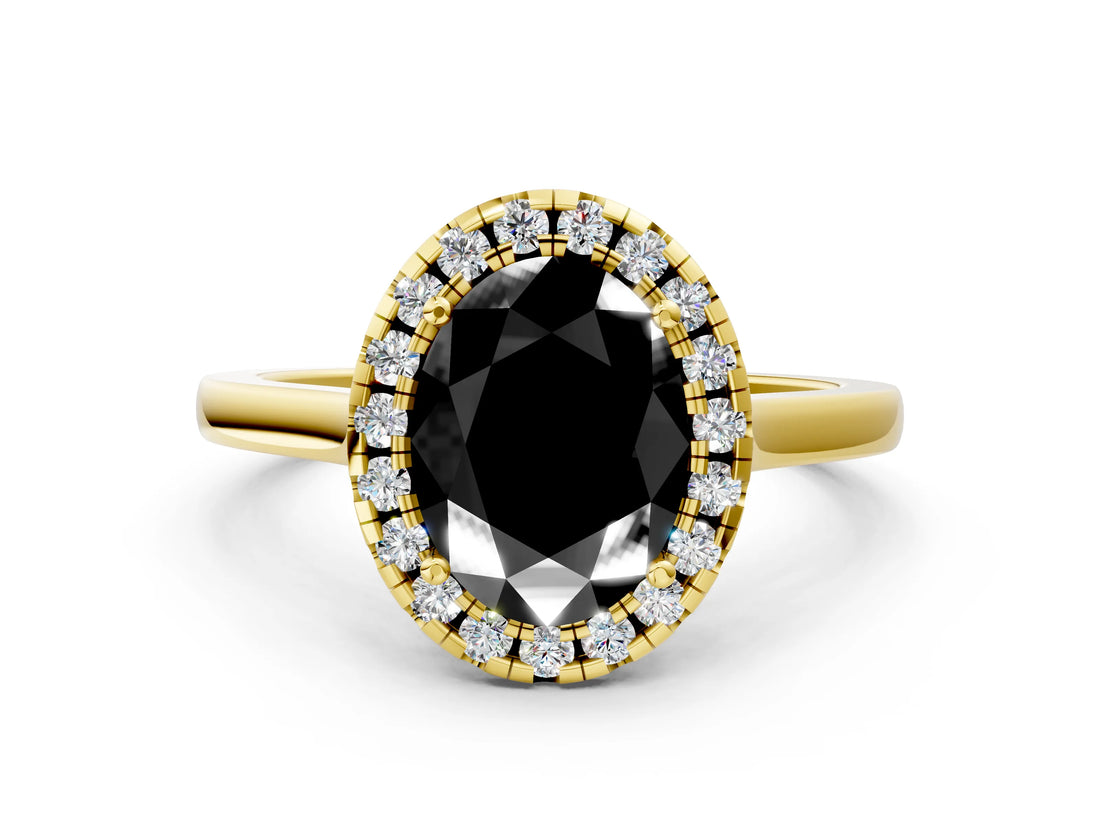 Yellow gold Fancy Black Oval Cut Halo Round Diamond Solitaire Ring with Pavé Band and Four-Prong Setting