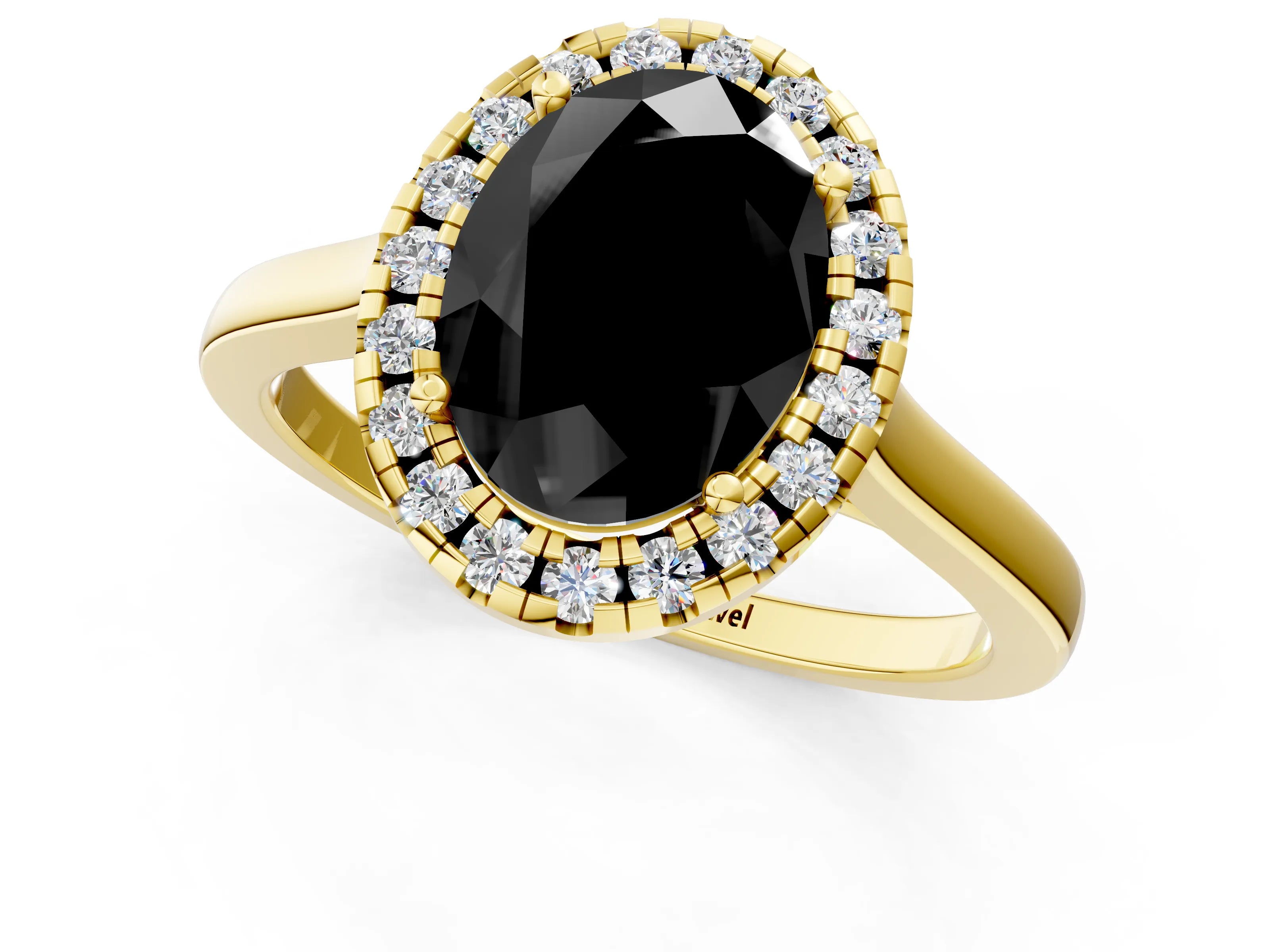 Yellow gold Fancy Black Oval Cut Halo Round Diamond Solitaire Ring with Pavé Band and Four-Prong Setting_1