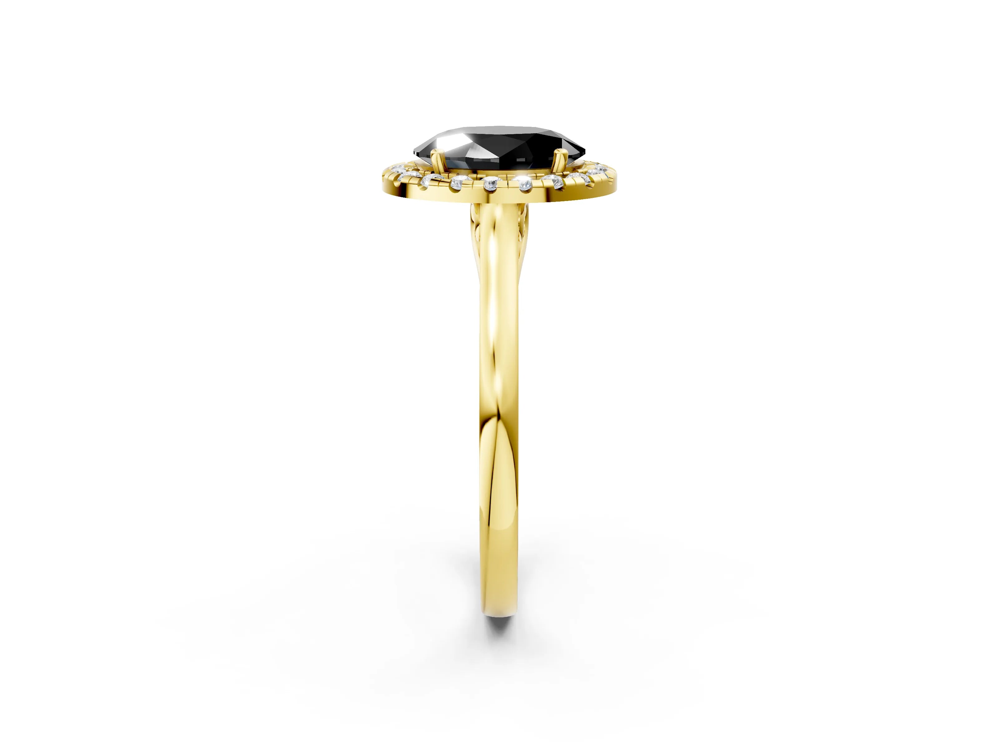 Yellow gold Fancy Black Oval Cut Halo Round Diamond Solitaire Ring with Pavé Band and Four-Prong Setting_2