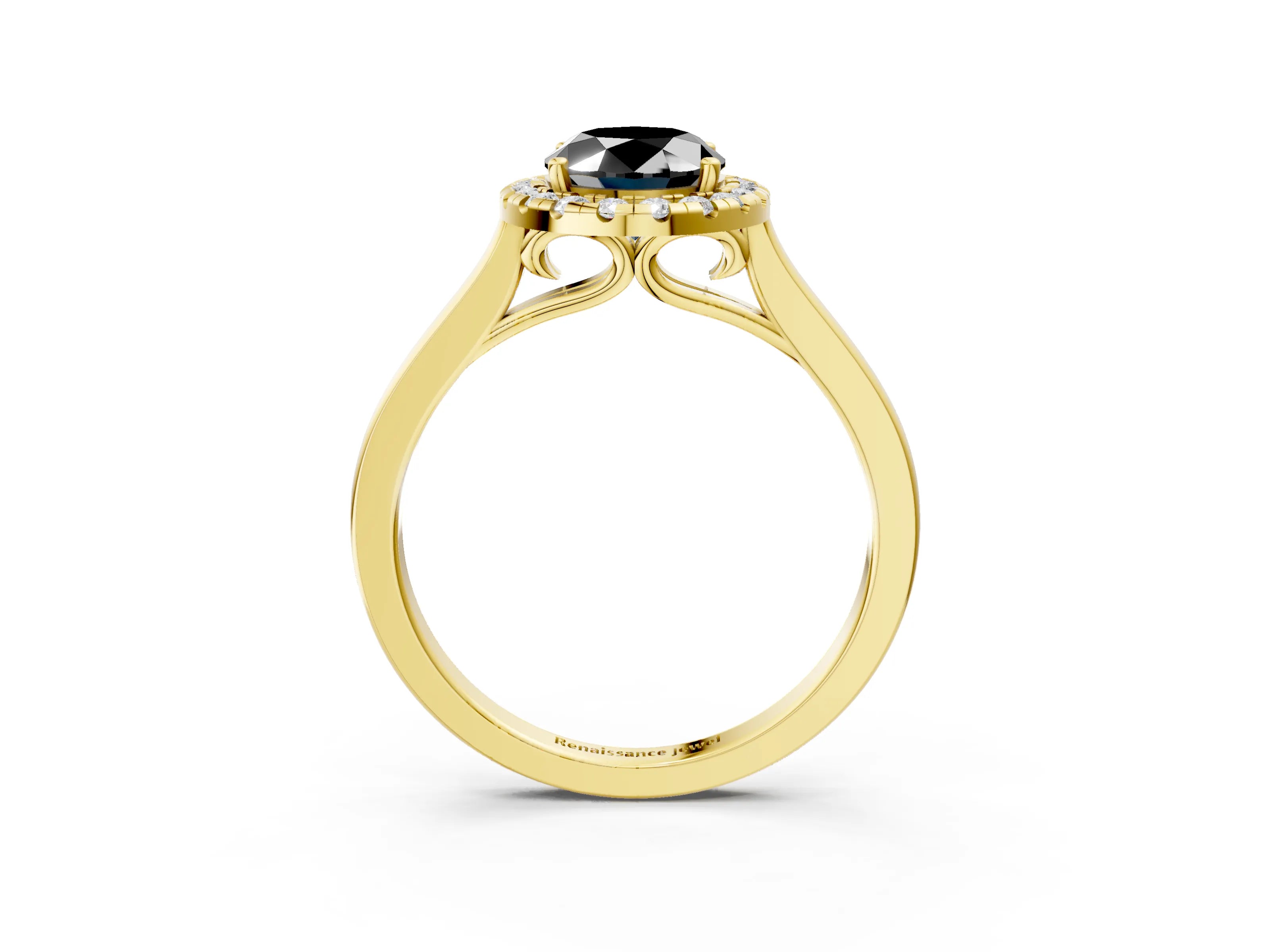 Yellow gold Fancy Black Oval Cut Halo Round Diamond Solitaire Ring with Pavé Band and Four-Prong Setting_3