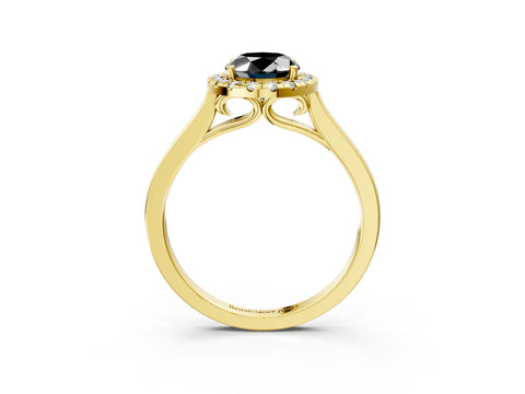 Yellow gold Fancy Black Oval Cut Halo Round Diamond Solitaire Ring with Pavé Band and Four-Prong Setting_3