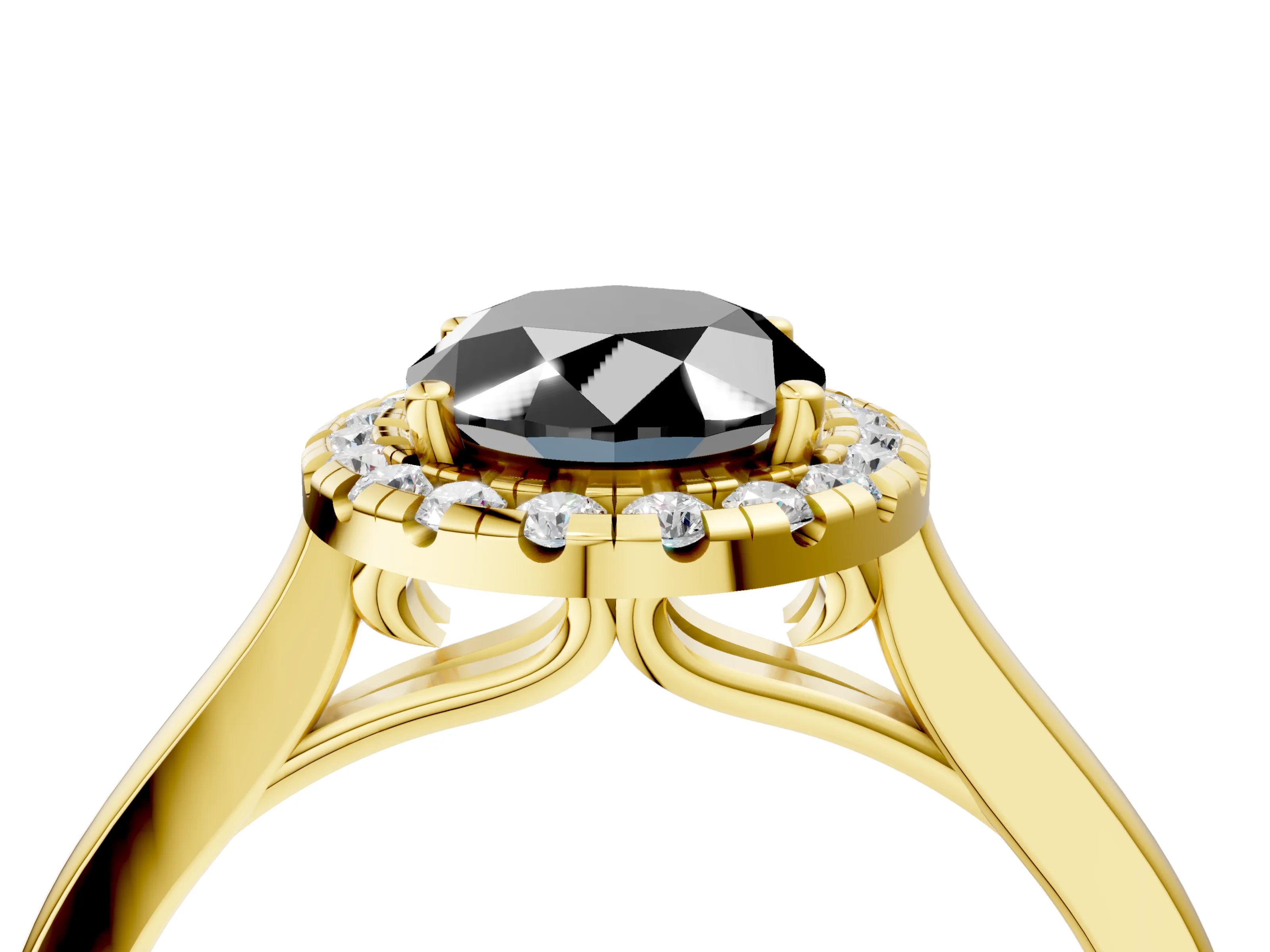 Yellow gold Fancy Black Oval Cut Halo Round Diamond Solitaire Ring with Pavé Band and Four-Prong Setting_4