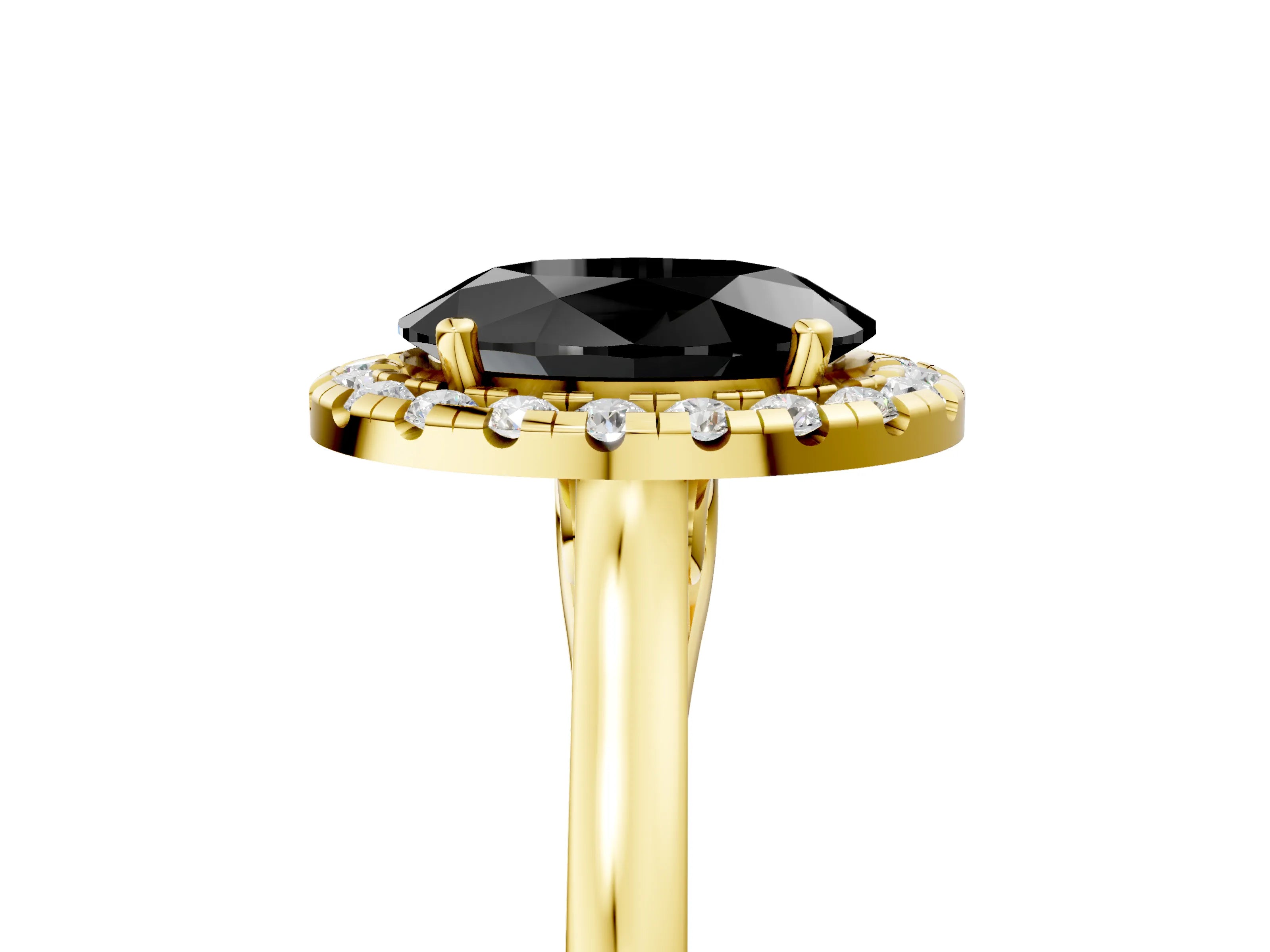 Yellow gold Fancy Black Oval Cut Halo Round Diamond Solitaire Ring with Pavé Band and Four-Prong Setting_5