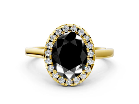 Yellow gold Fancy Black Oval Cut Halo Round Diamond Solitaire Ring with Pavé Band and Four-Prong Setting