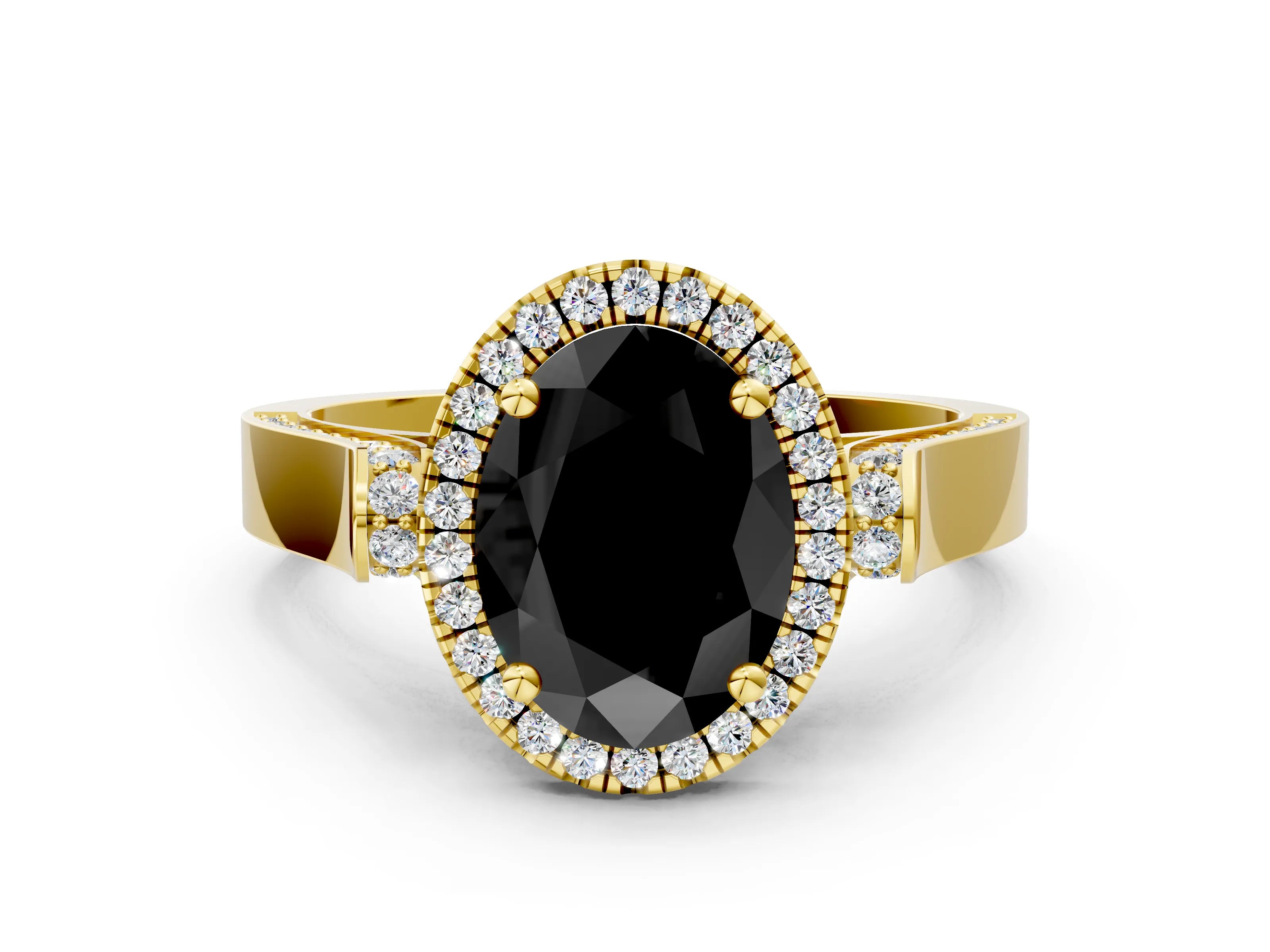 Yellow gold Fancy Black Oval Cut Halo Round Diamond Twist Band with Four-Prong Setting