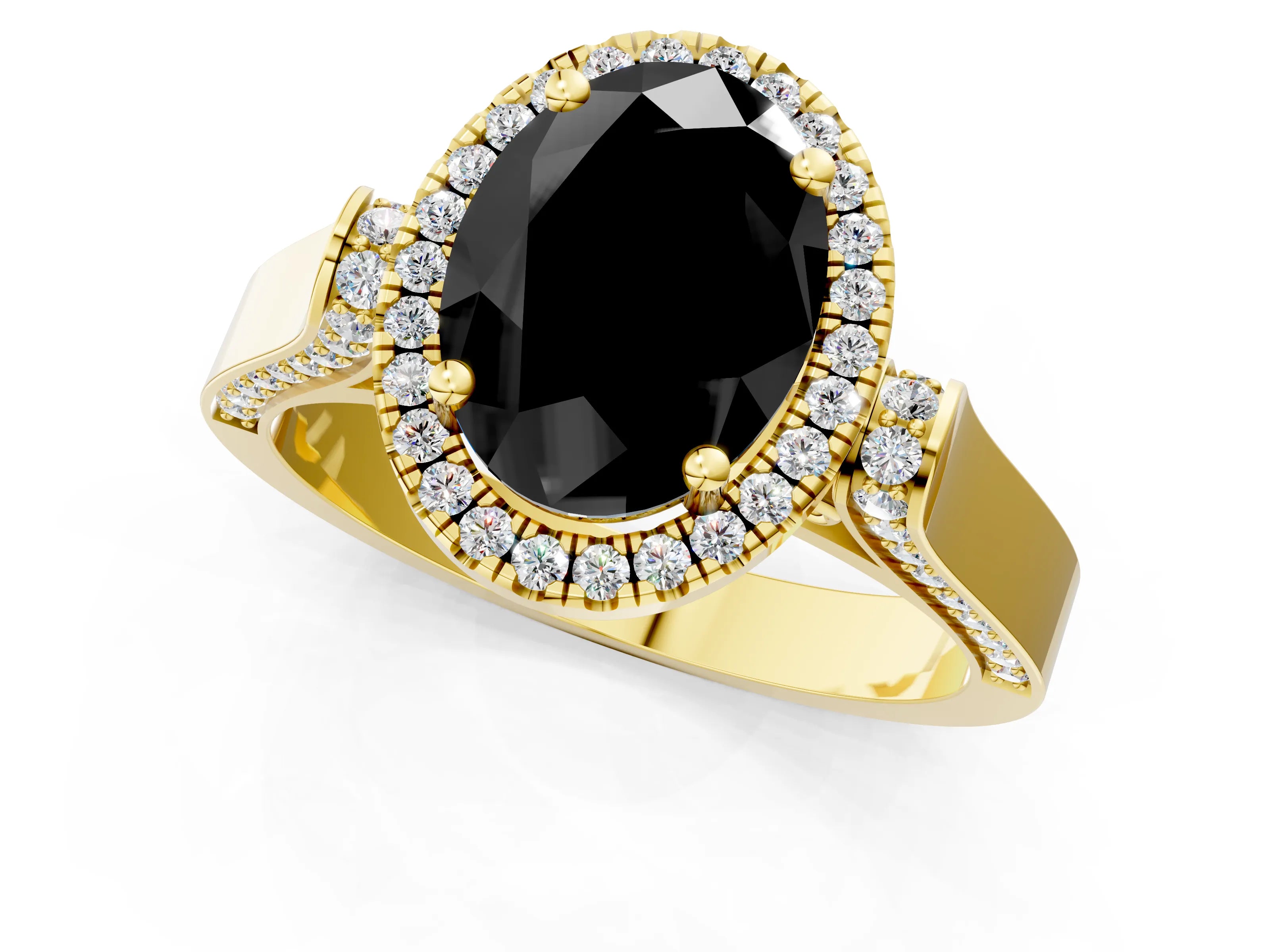 Yellow gold Fancy Black Oval Cut Halo Round Diamond Twist Band with Four-Prong Setting_1
