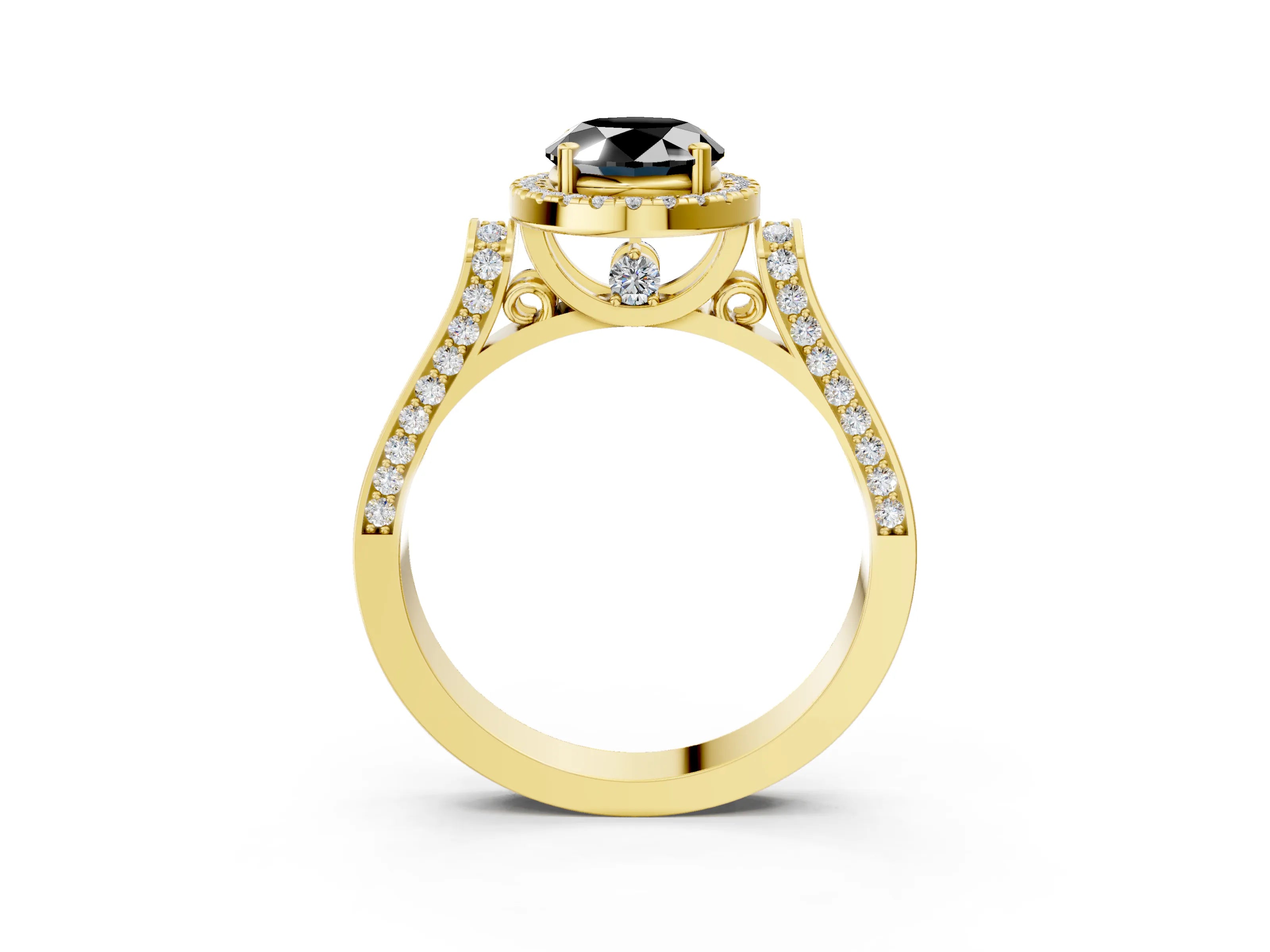 Yellow gold Fancy Black Oval Cut Halo Round Diamond Twist Band with Four-Prong Setting_3