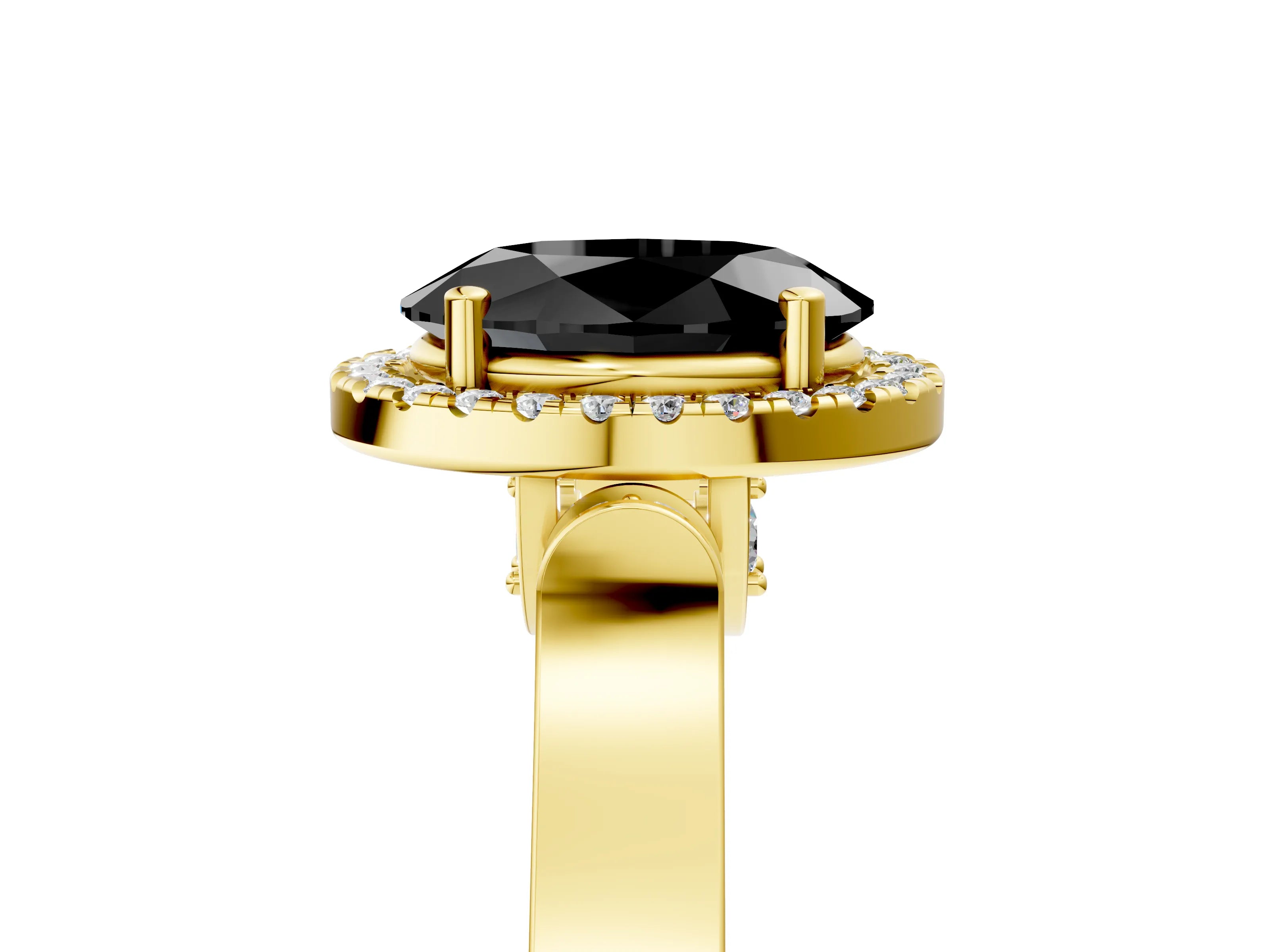 Yellow gold Fancy Black Oval Cut Halo Round Diamond Twist Band with Four-Prong Setting_5