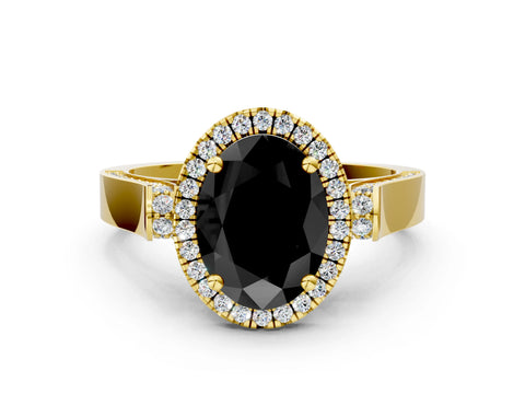 Yellow gold Fancy Black Oval Cut Halo Round Diamond Twist Band with Four-Prong Setting