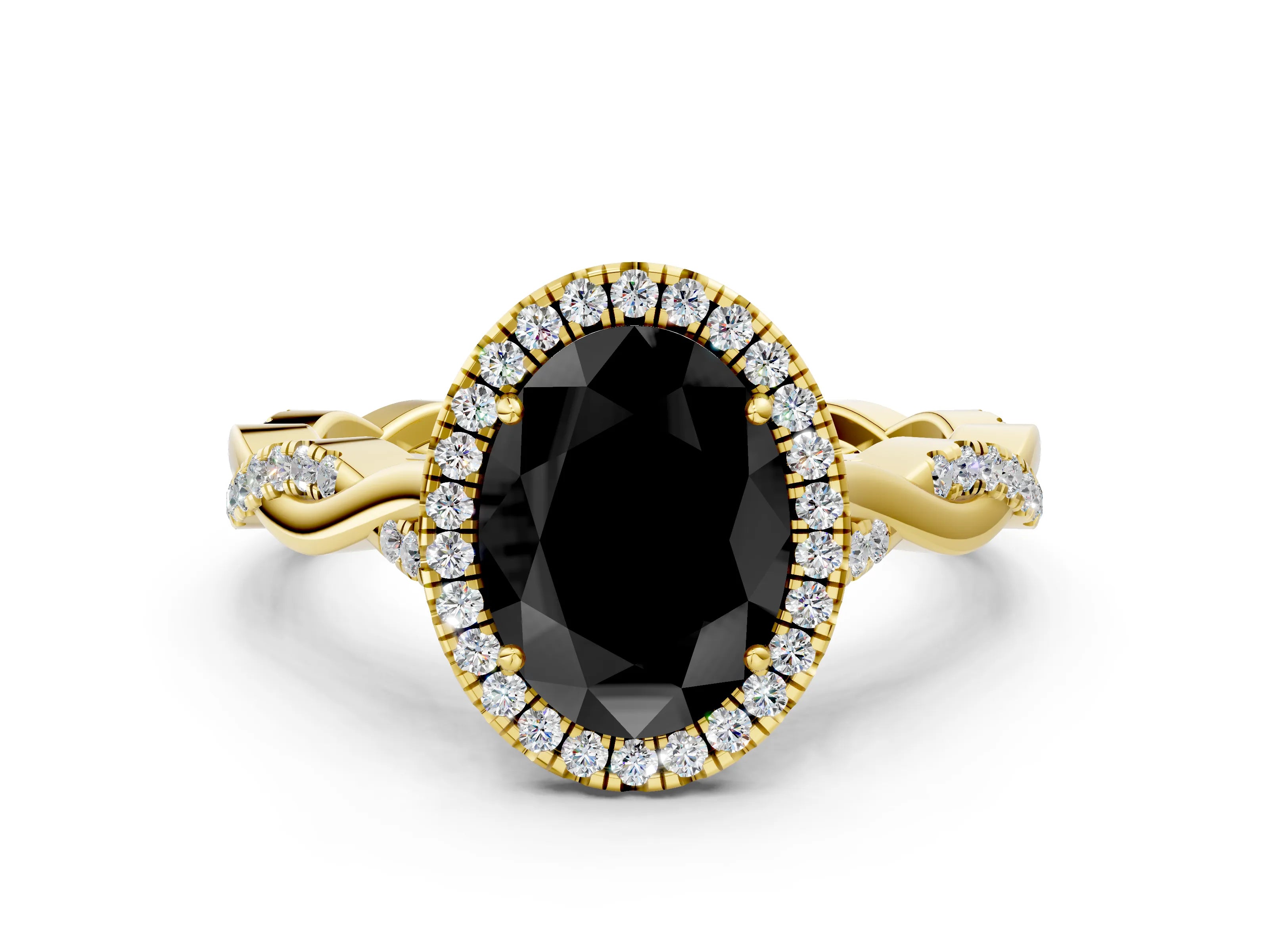 Yellow gold Fancy Black Oval Cut Halo Twist Band with Four-Prong Setting