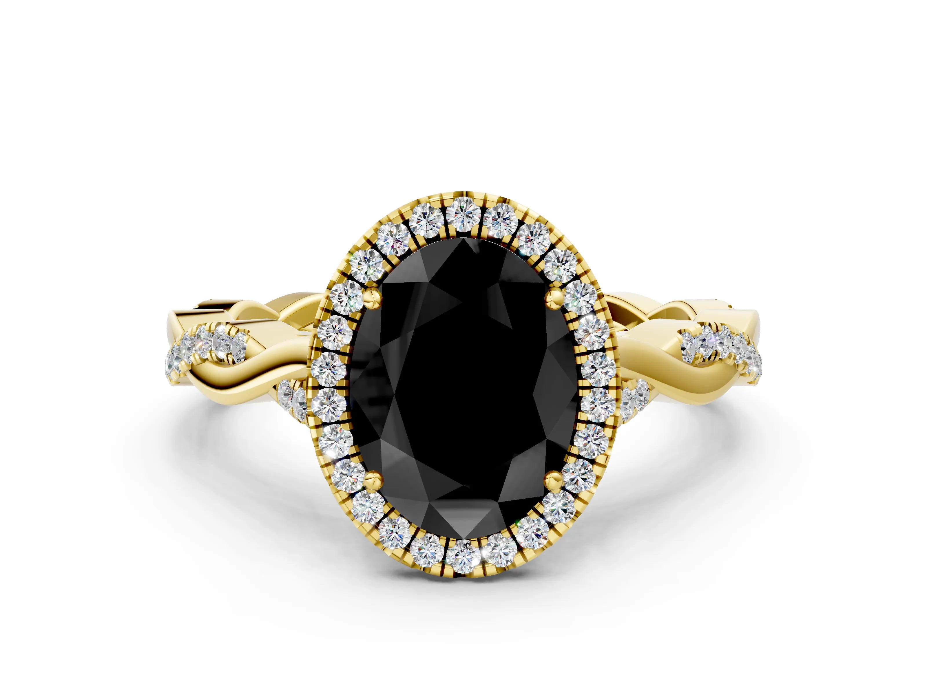 Yellow gold Fancy Black Oval Cut Halo Twist Band with Four-Prong Setting_12
