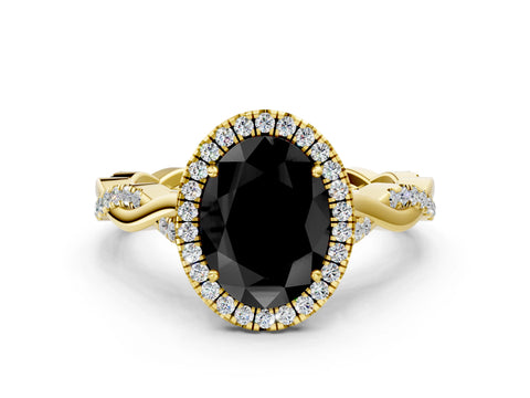 Yellow gold Fancy Black Oval Cut Halo Twist Band with Four-Prong Setting_12