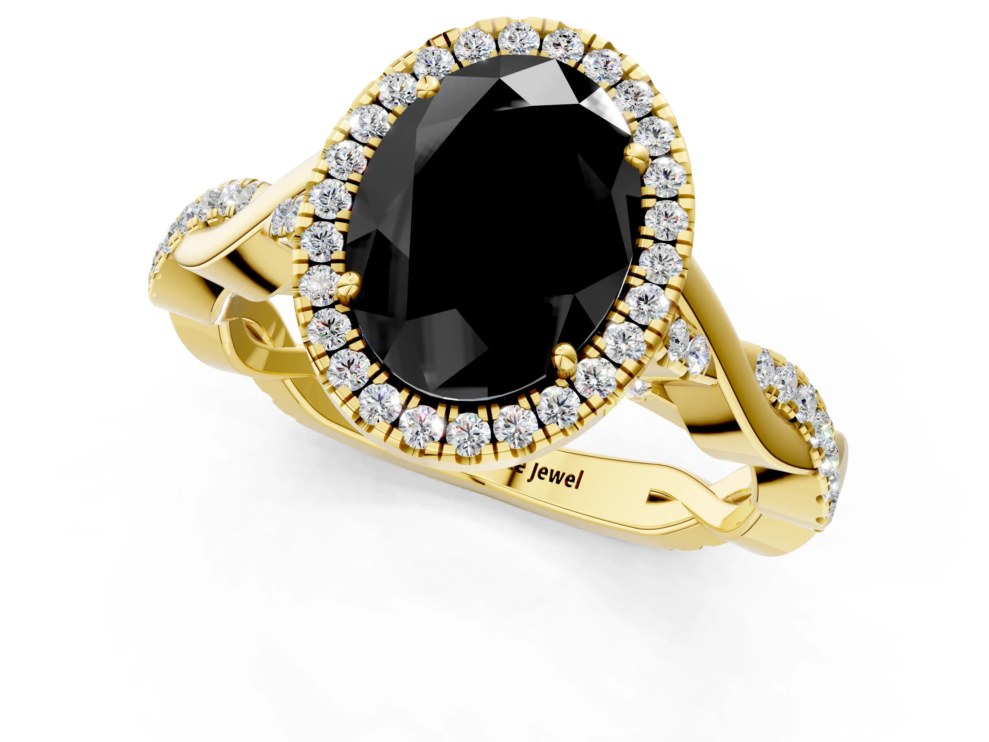 Yellow gold Fancy Black Oval Cut Halo Twist Band with Four-Prong Setting_13