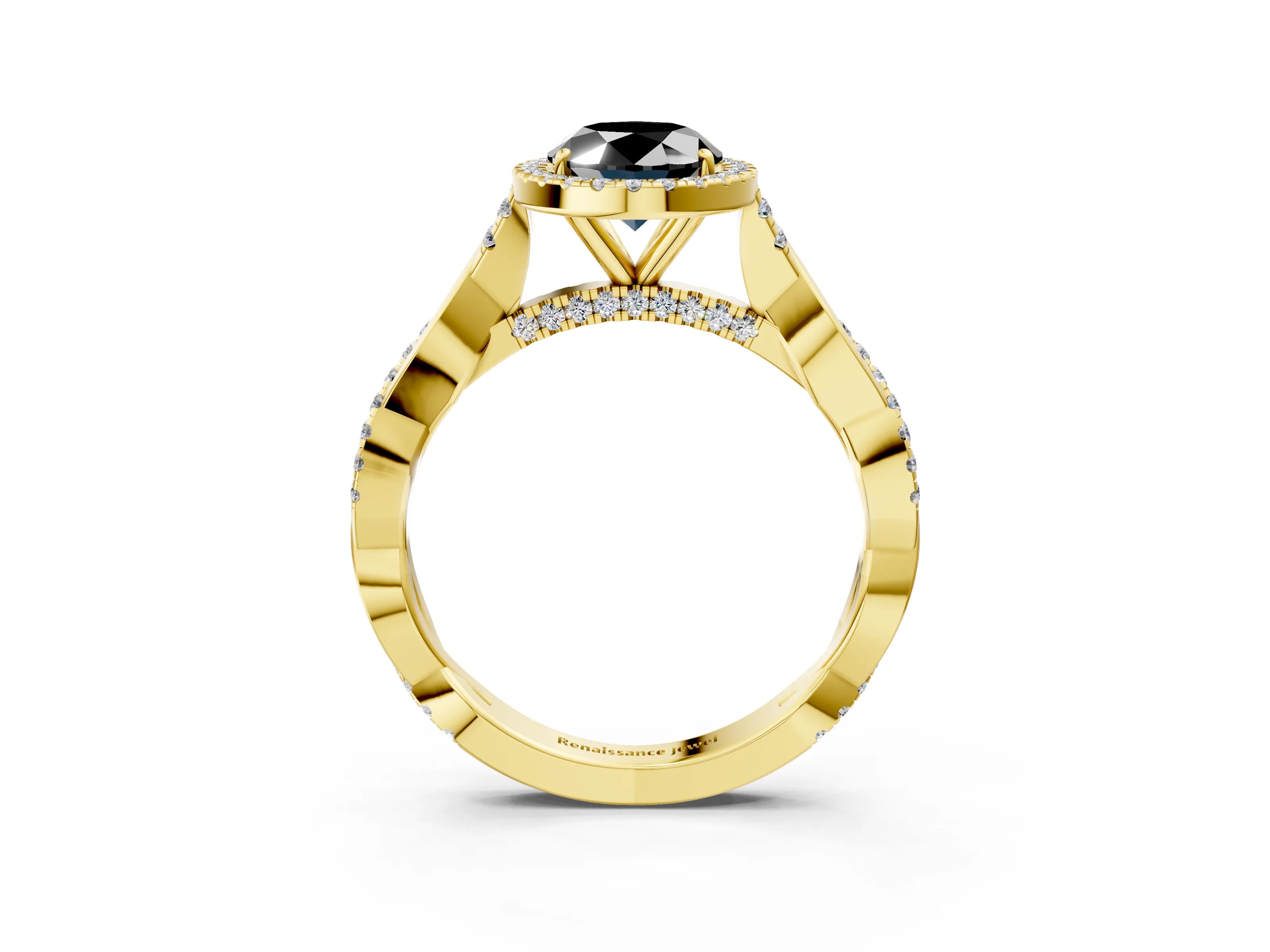 Yellow gold Fancy Black Oval Cut Halo Twist Band with Four-Prong Setting_15