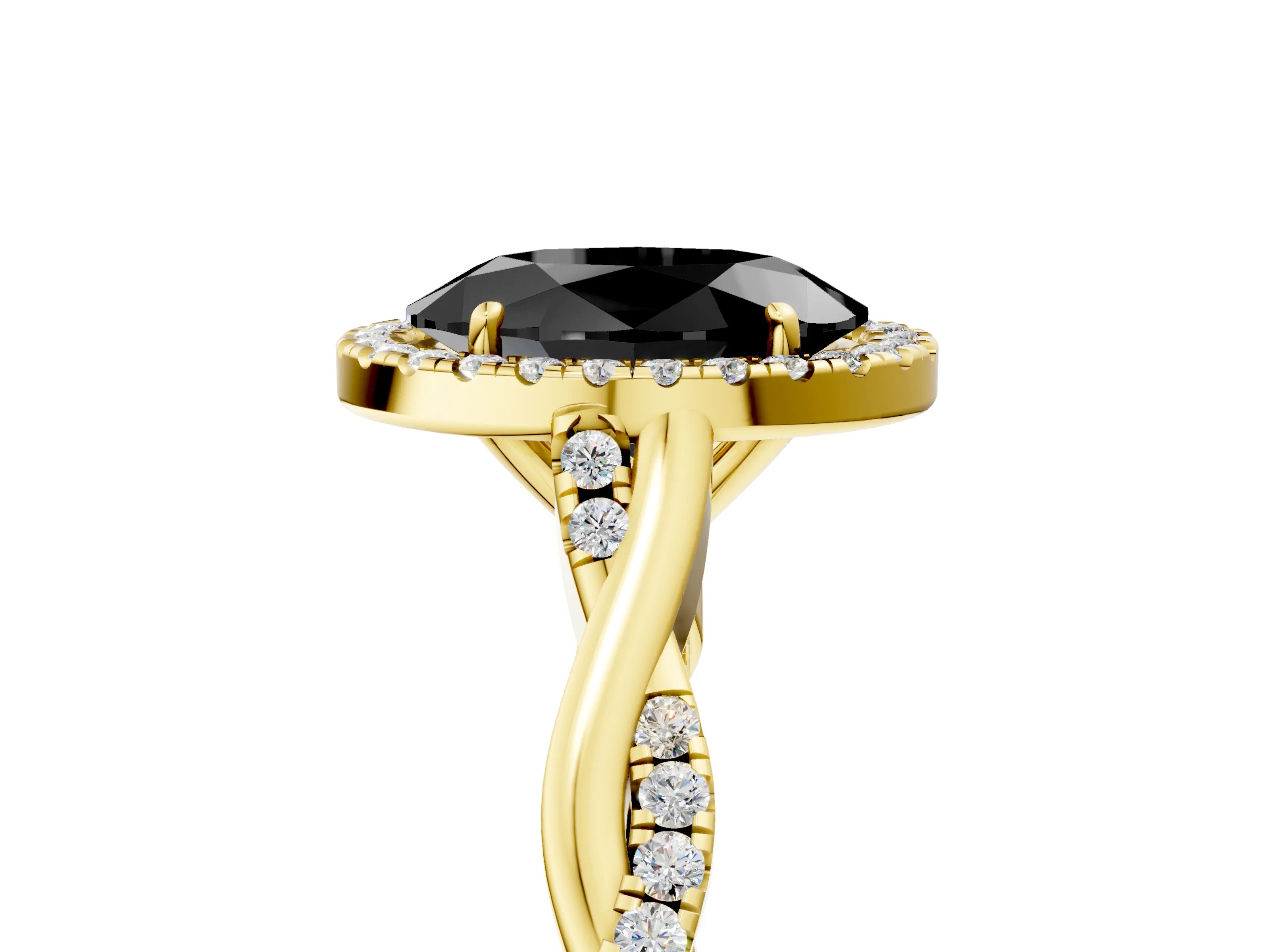 Yellow gold Fancy Black Oval Cut Halo Twist Band with Four-Prong Setting_17