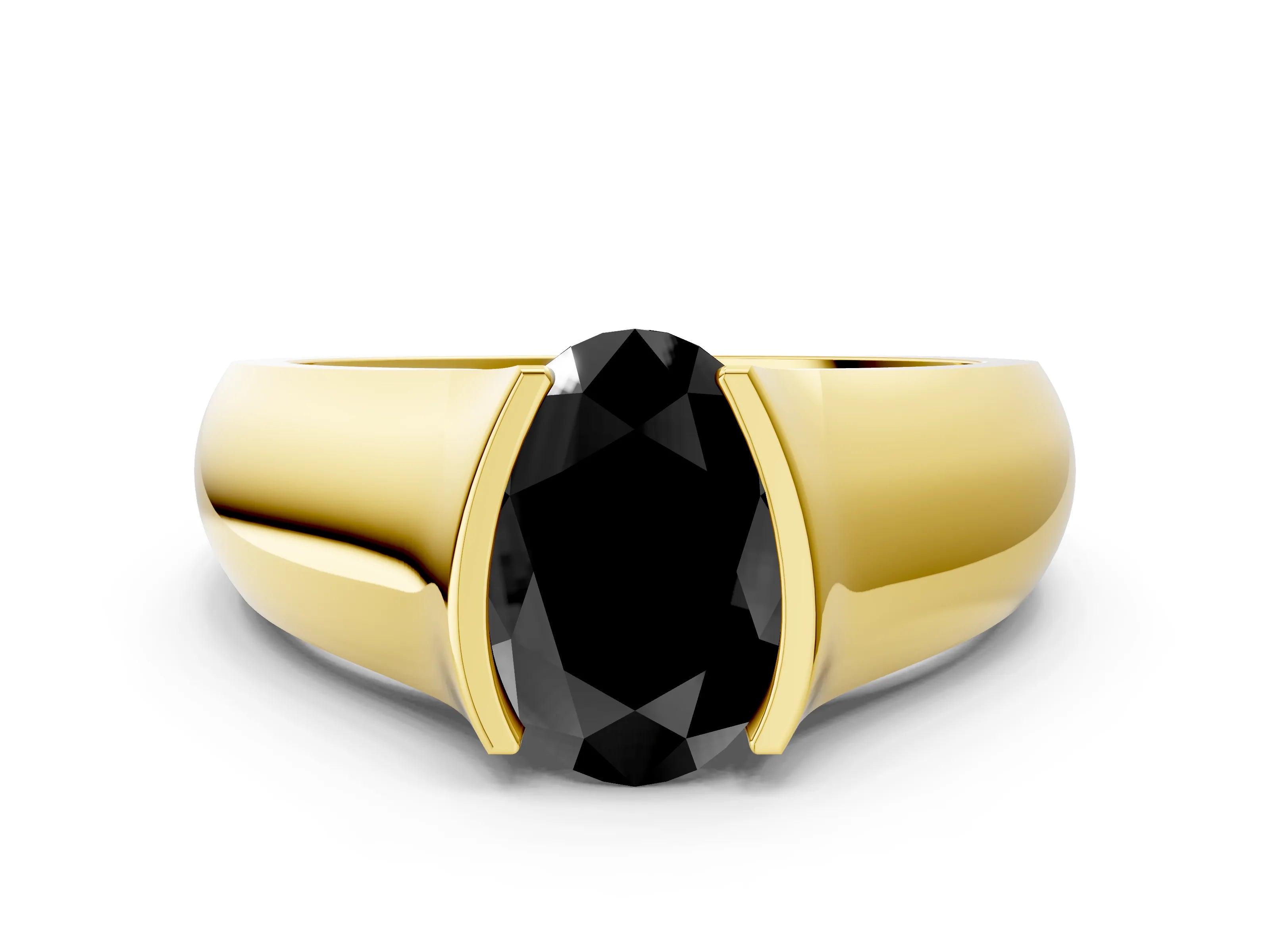 Yellow gold Fancy Black Oval Cut Solitaire Bezel Set Diamond Ring with Wide Band