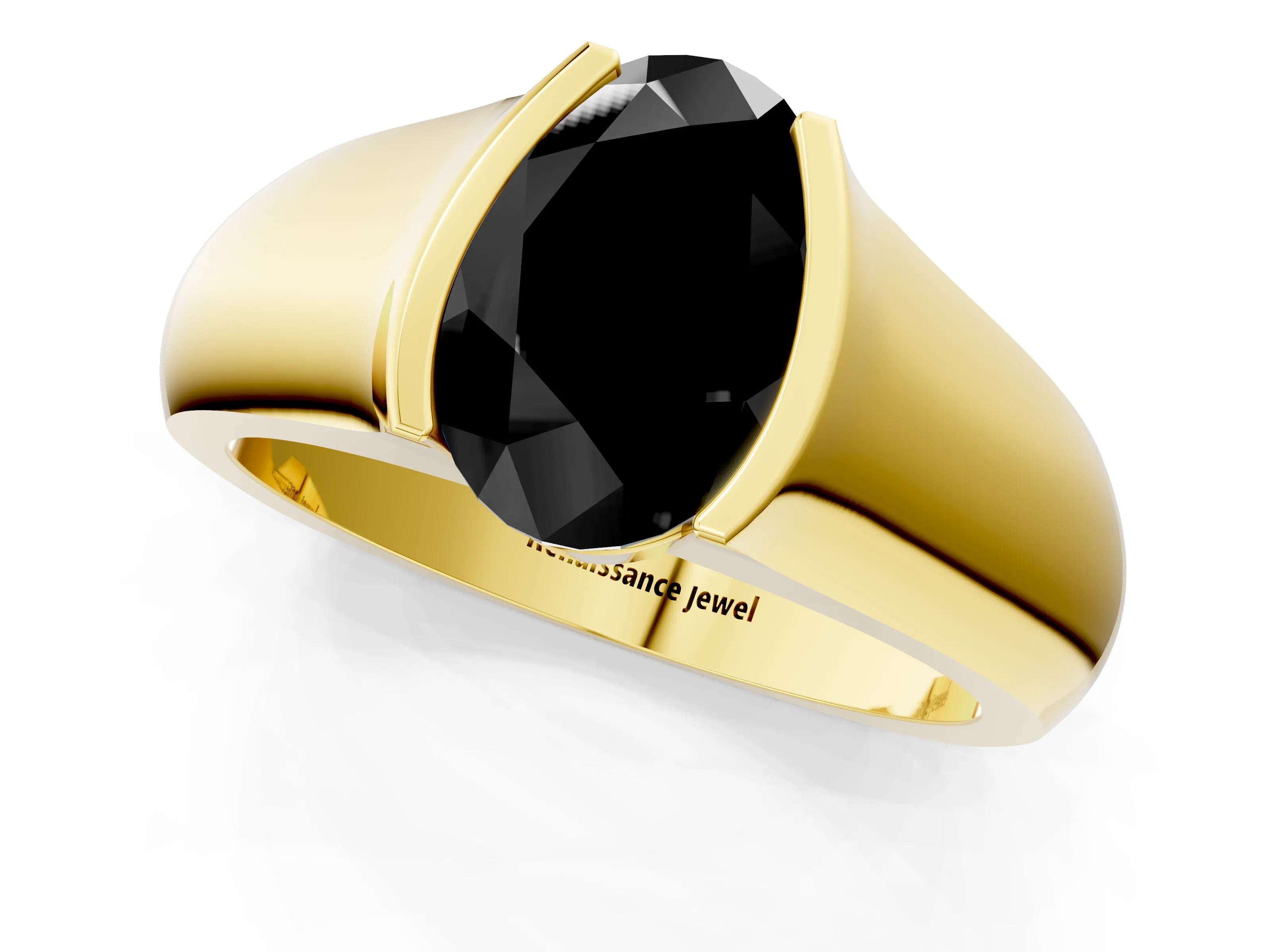 Yellow gold Fancy Black Oval Cut Solitaire Bezel Set Diamond Ring with Wide Band_1