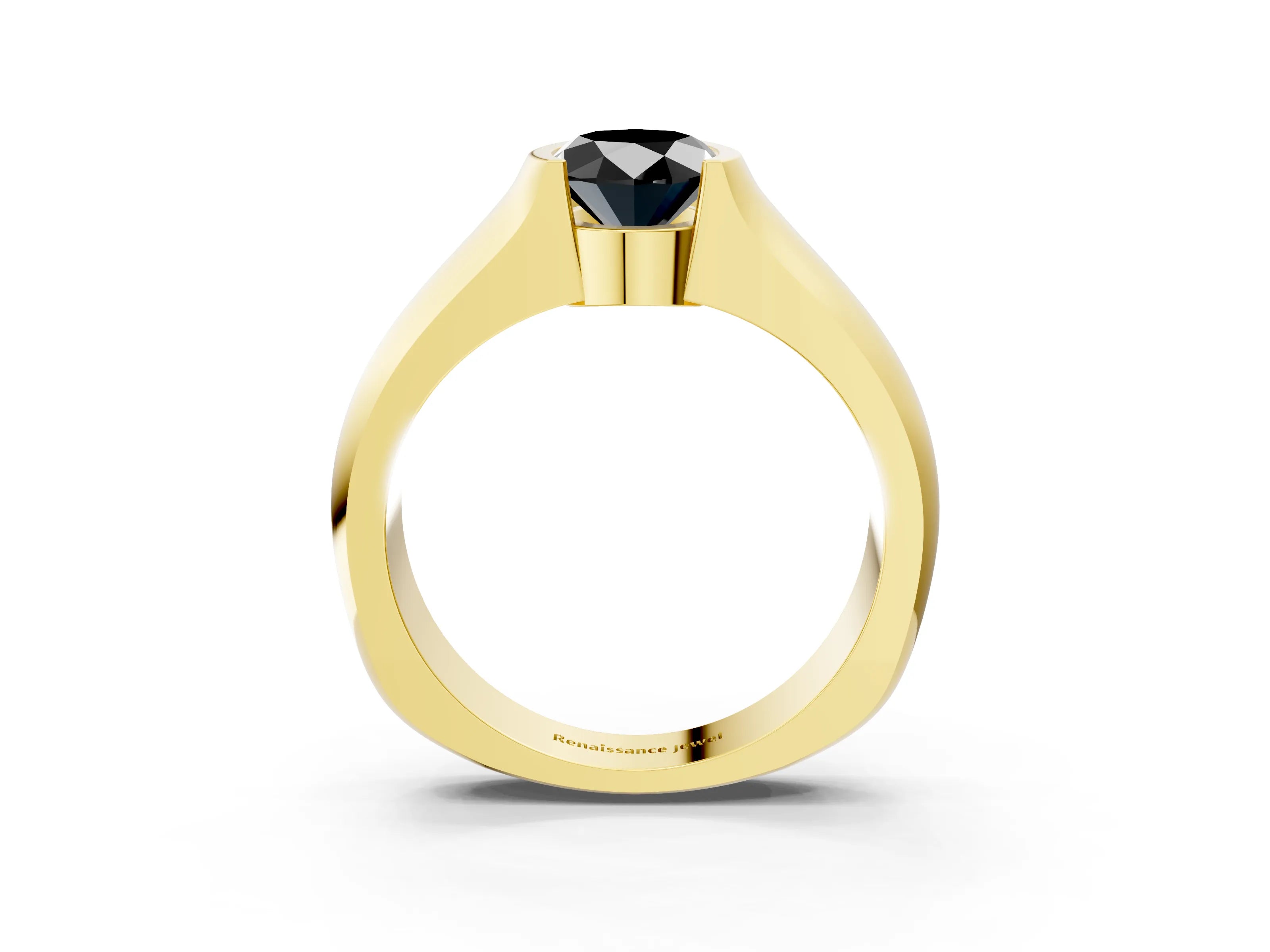 Yellow gold Fancy Black Oval Cut Solitaire Bezel Set Diamond Ring with Wide Band_3